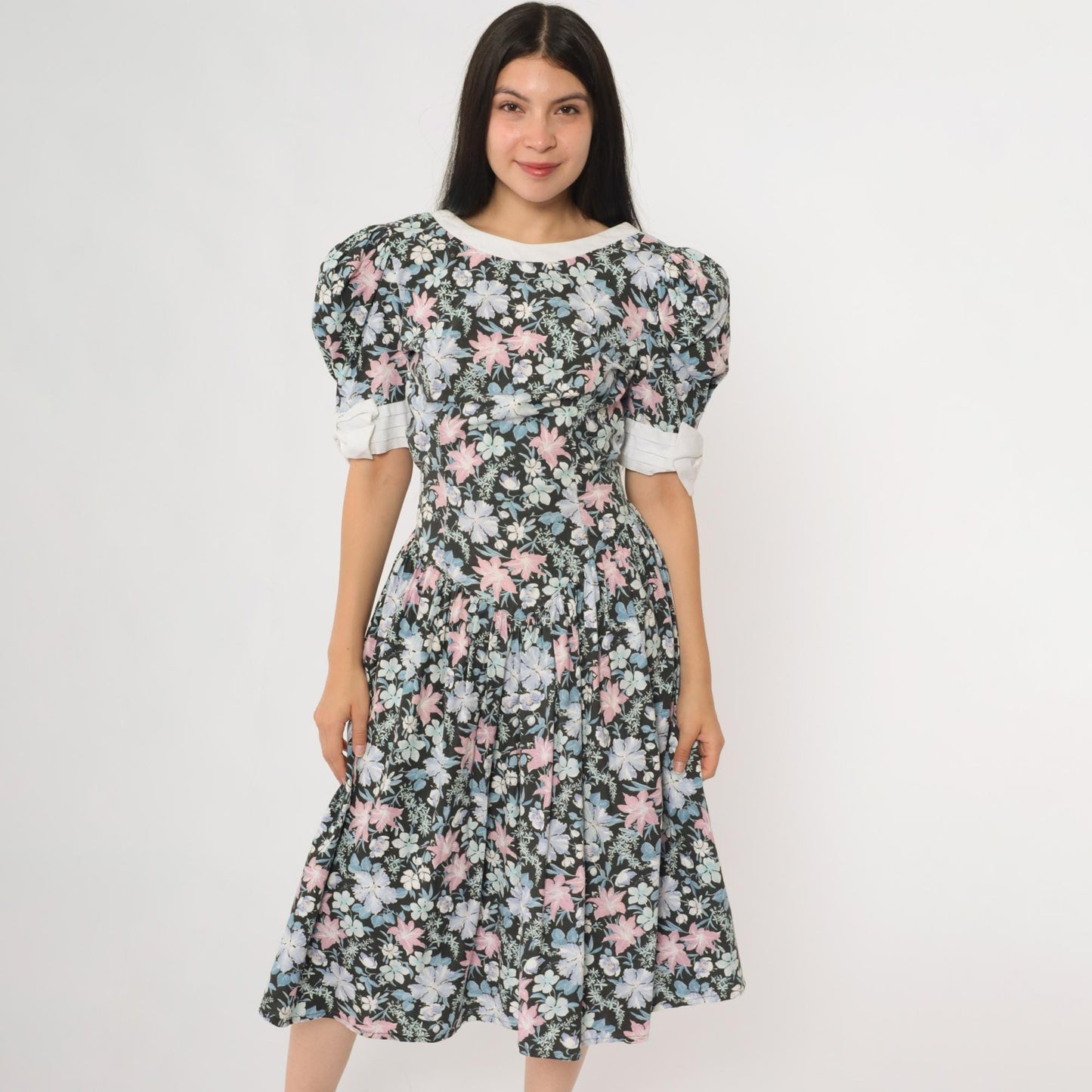 80s All That Jazz Floral Sundress Puff Sleeve Back Tie Cotton Medium