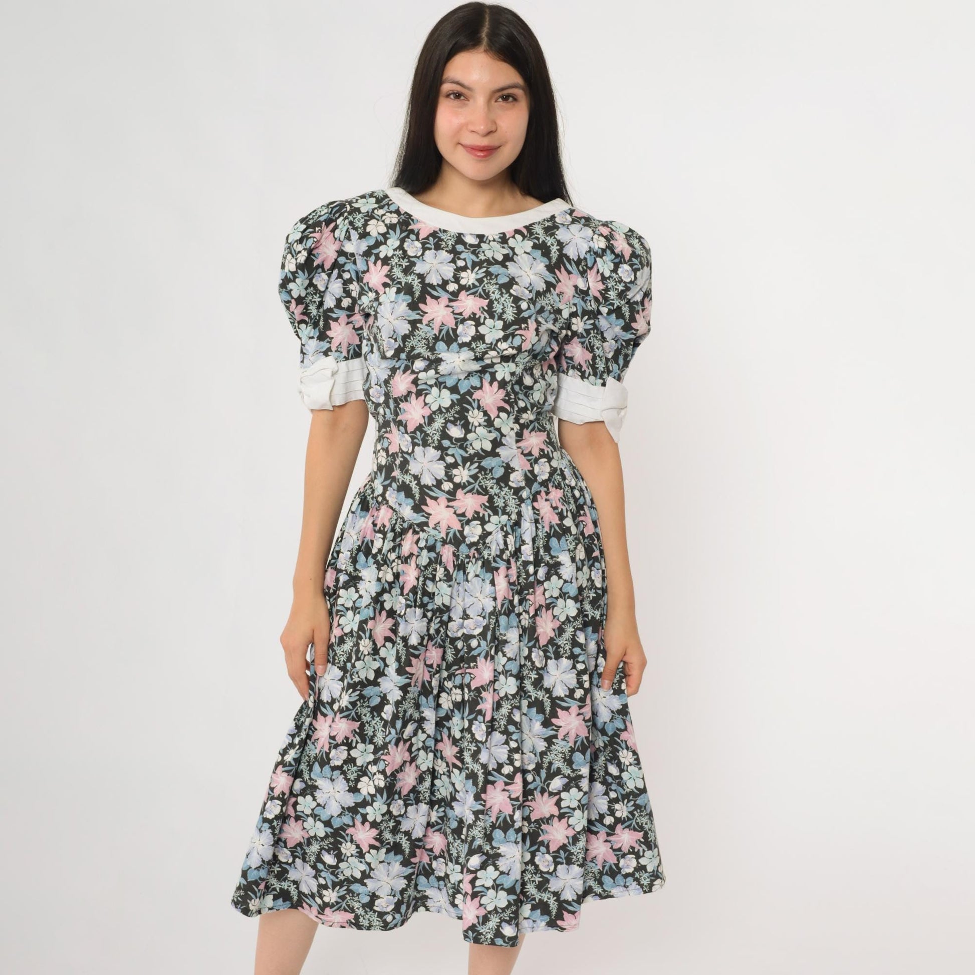 80s All That Jazz Floral Sundress Puff Sleeve Back Tie Cotton Medium