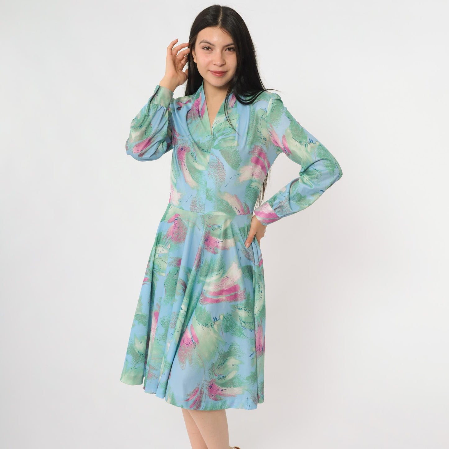 70s Watercolor Floral Dress V-Neck Abstract Print Wrap Midi Blue Green Medium M