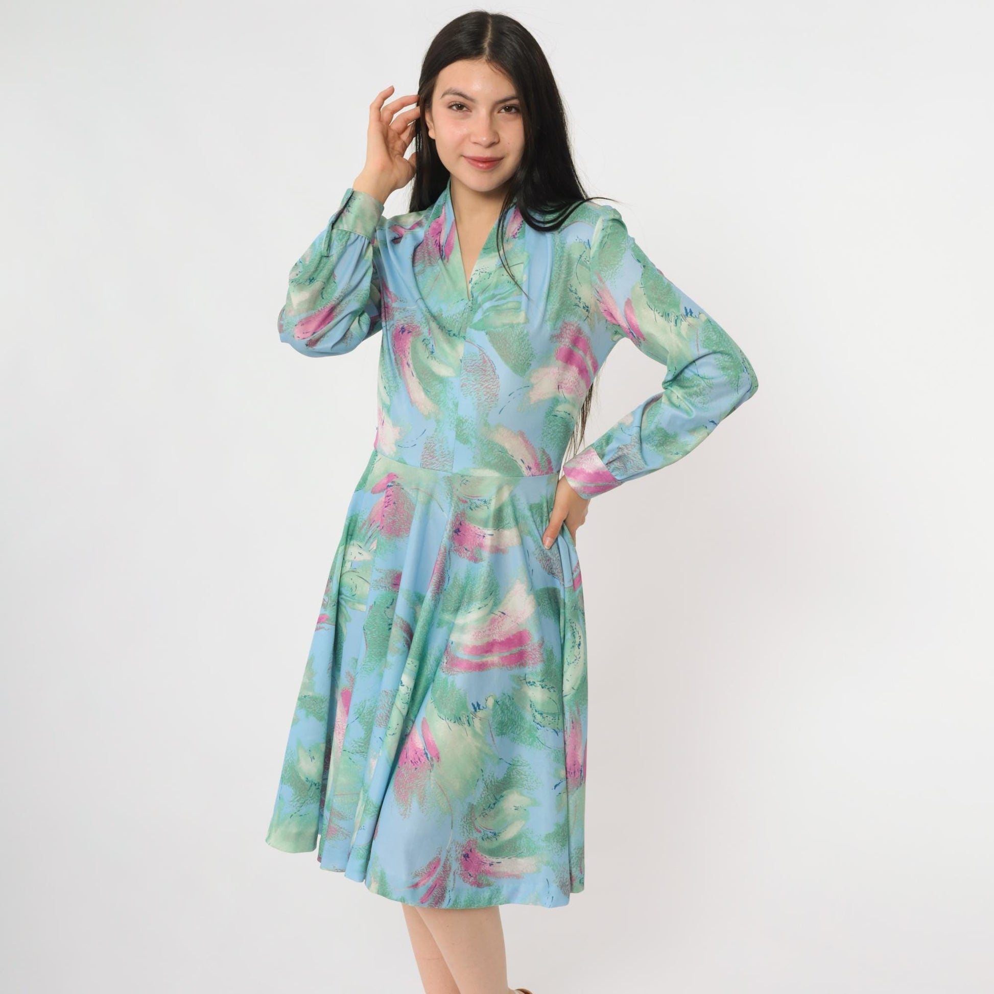 70s Watercolor Floral Dress V-Neck Abstract Print Wrap Midi Blue Green Medium M