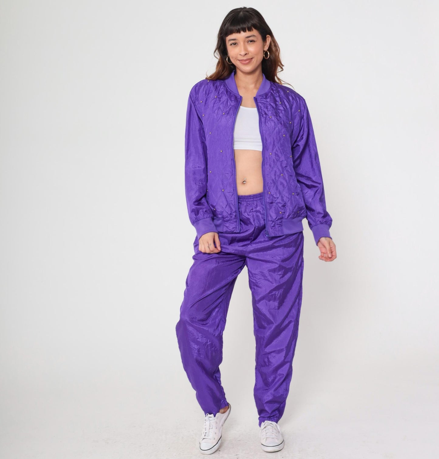 90s Purple Satin Tracksuit Quilted Bomber Jacket Track Pants Large