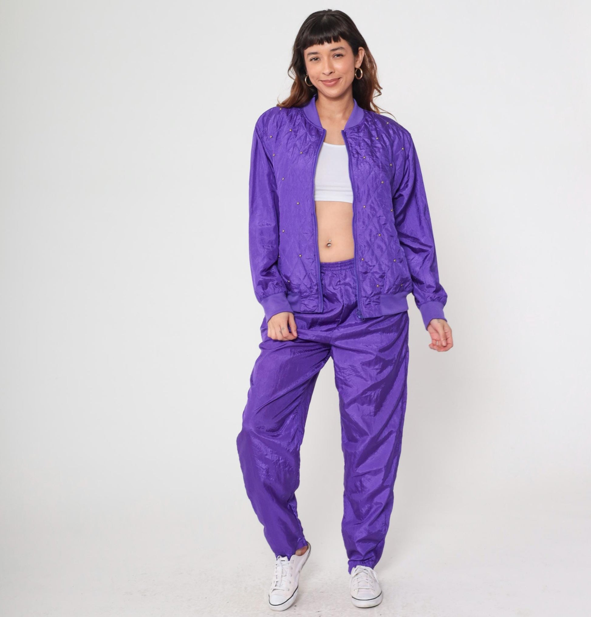 90s Purple Satin Tracksuit Quilted Bomber Jacket Track Pants Large