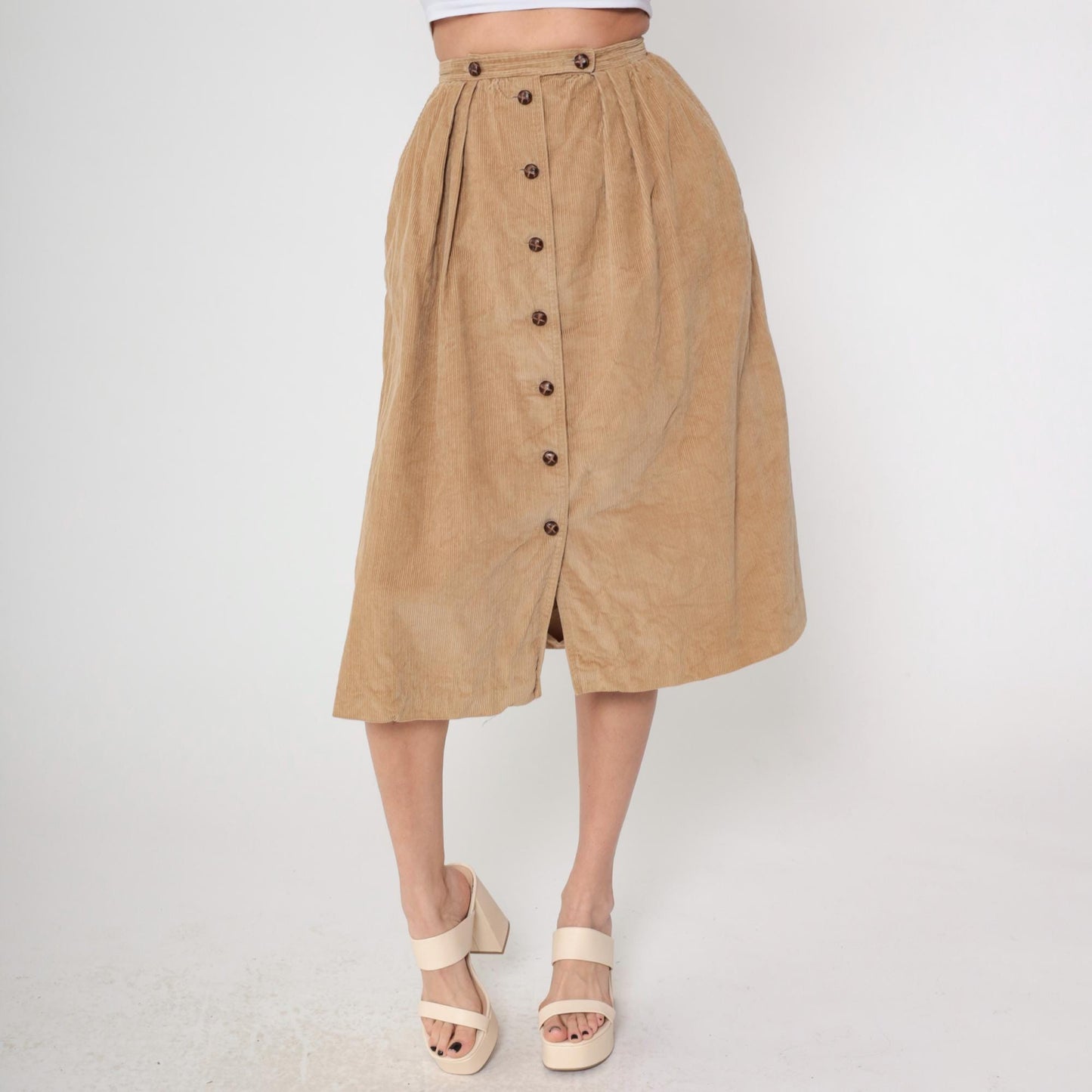 1970s Tan Corduroy Button-Front Midi Skirt High Waist A-Line Pleated Small