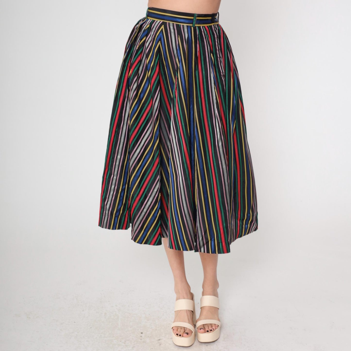 1950s Circle Skirt High Waist Tea Length Striped Rainbow Black Small