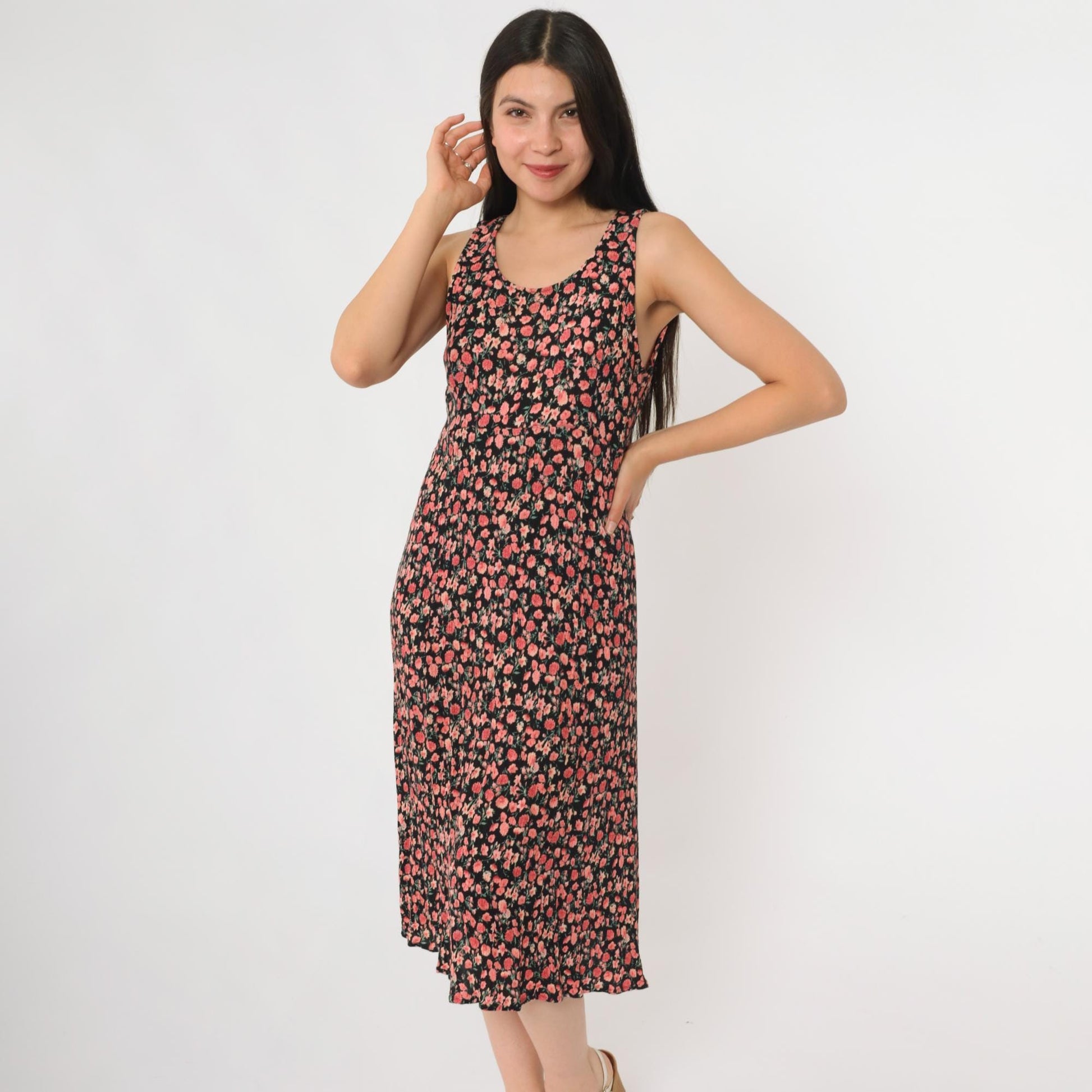 90s R&K Originals Cherry Blossom Floral Midi Dress Black Pink Medium M