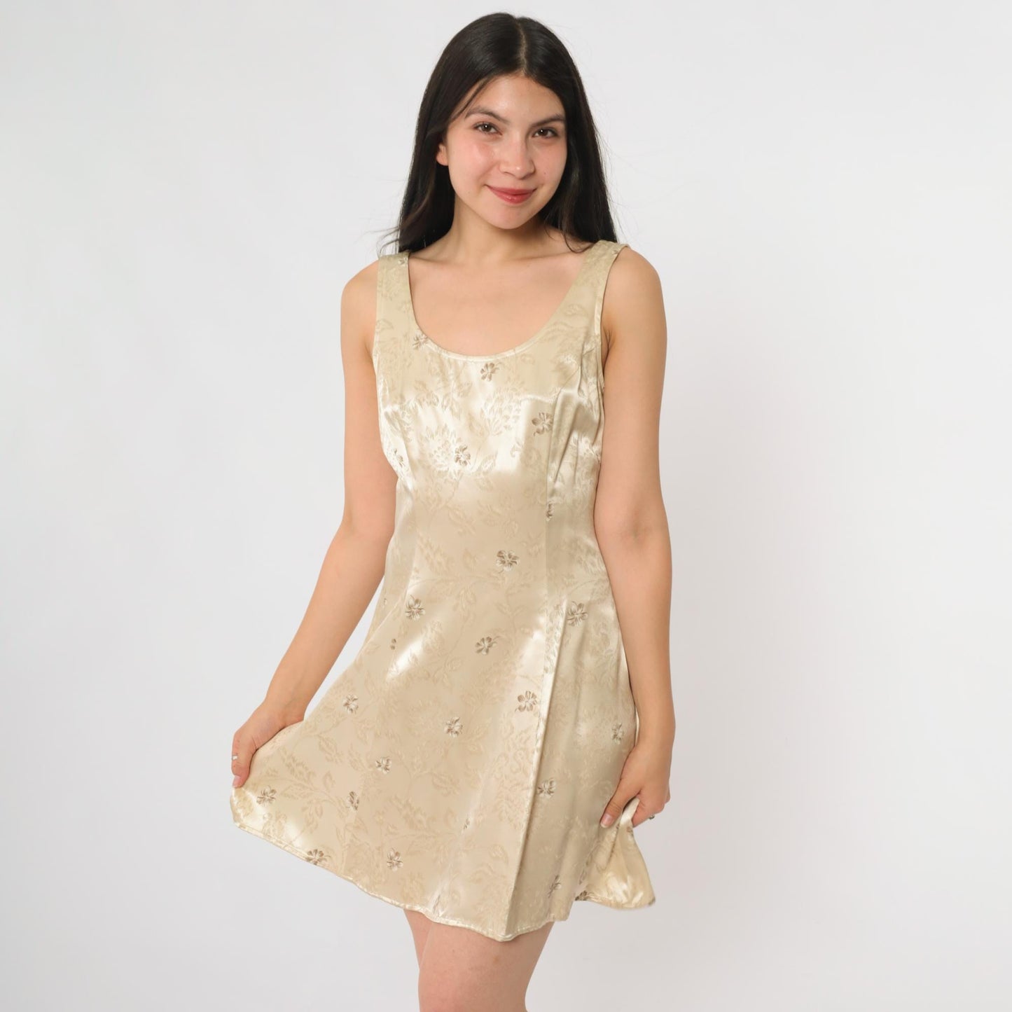 90s All That Jazz Champagne Satin Mini Slip Dress Floral Jacquard Tank Small