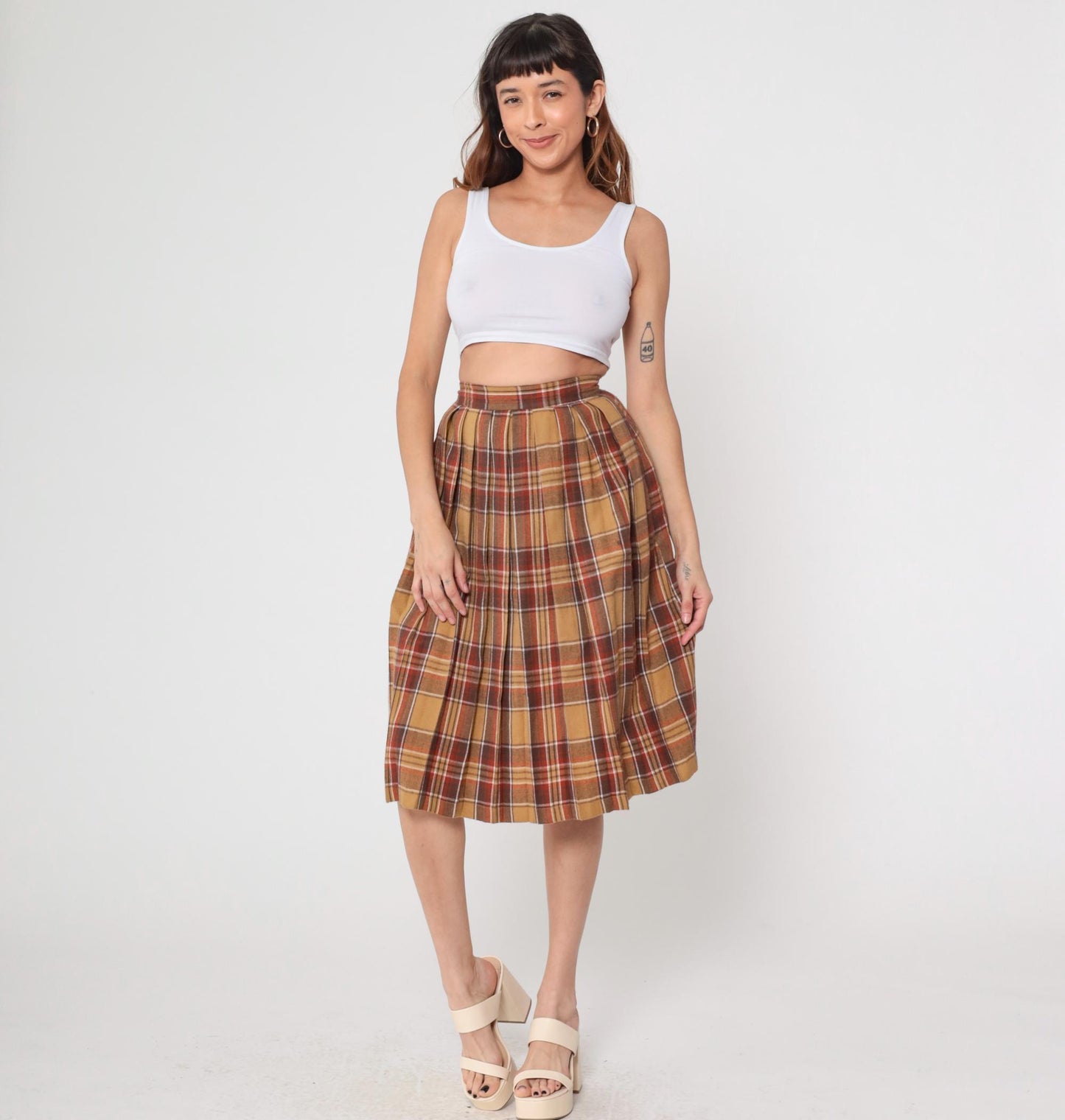 70s Plaid Wool Blend Midi Skirt High Waisted Tartan Brown Tan Small S