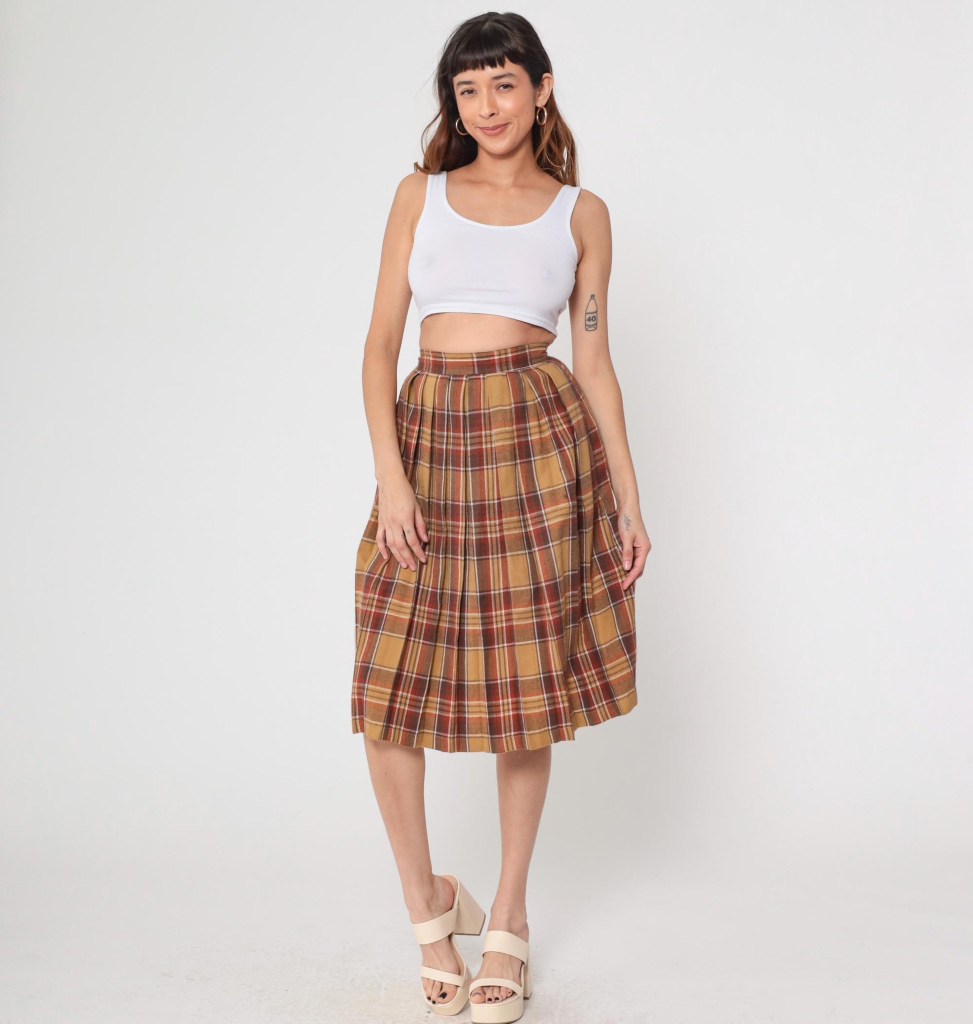 70s Plaid Wool Blend Midi Skirt High Waisted Tartan Brown Tan Small S