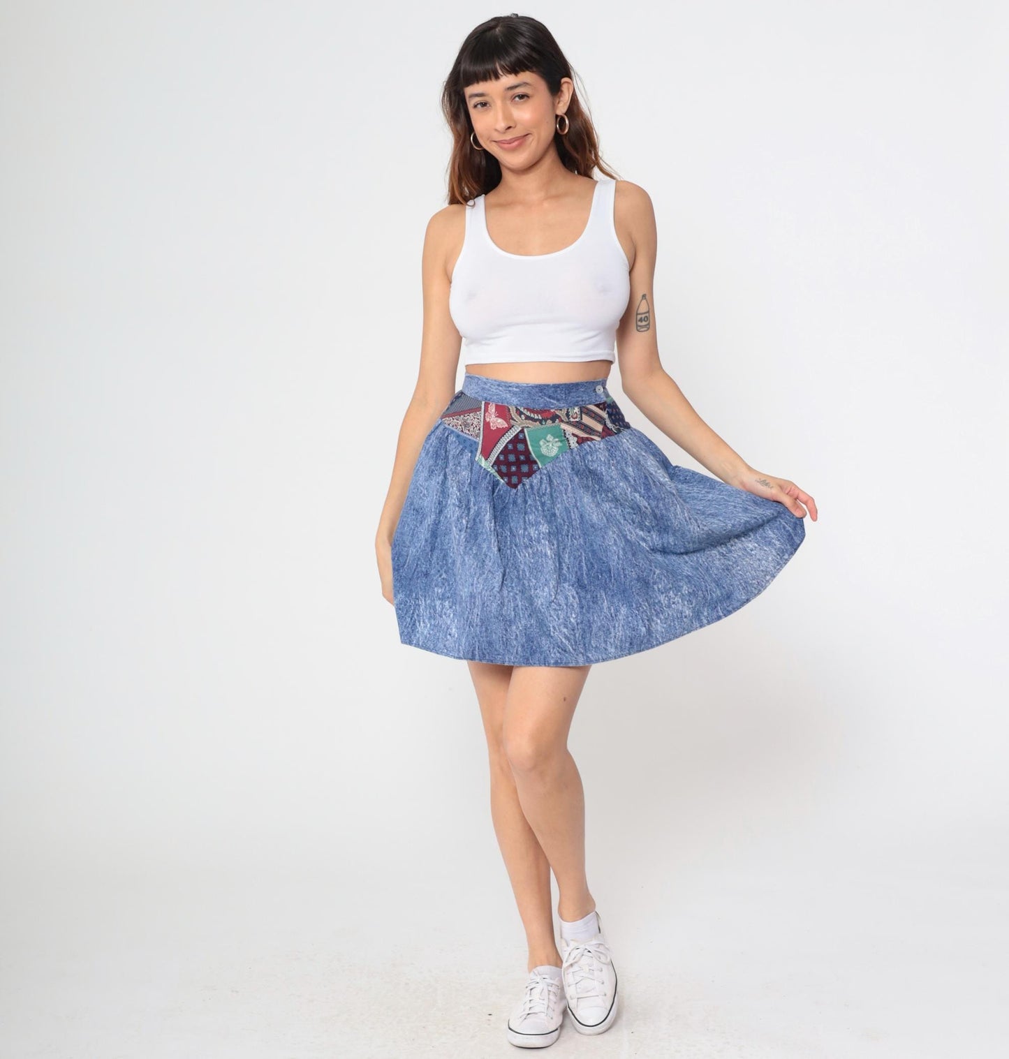 80s Acid Wash Denim Mini Skirt Patchwork High Waisted Circle Small S