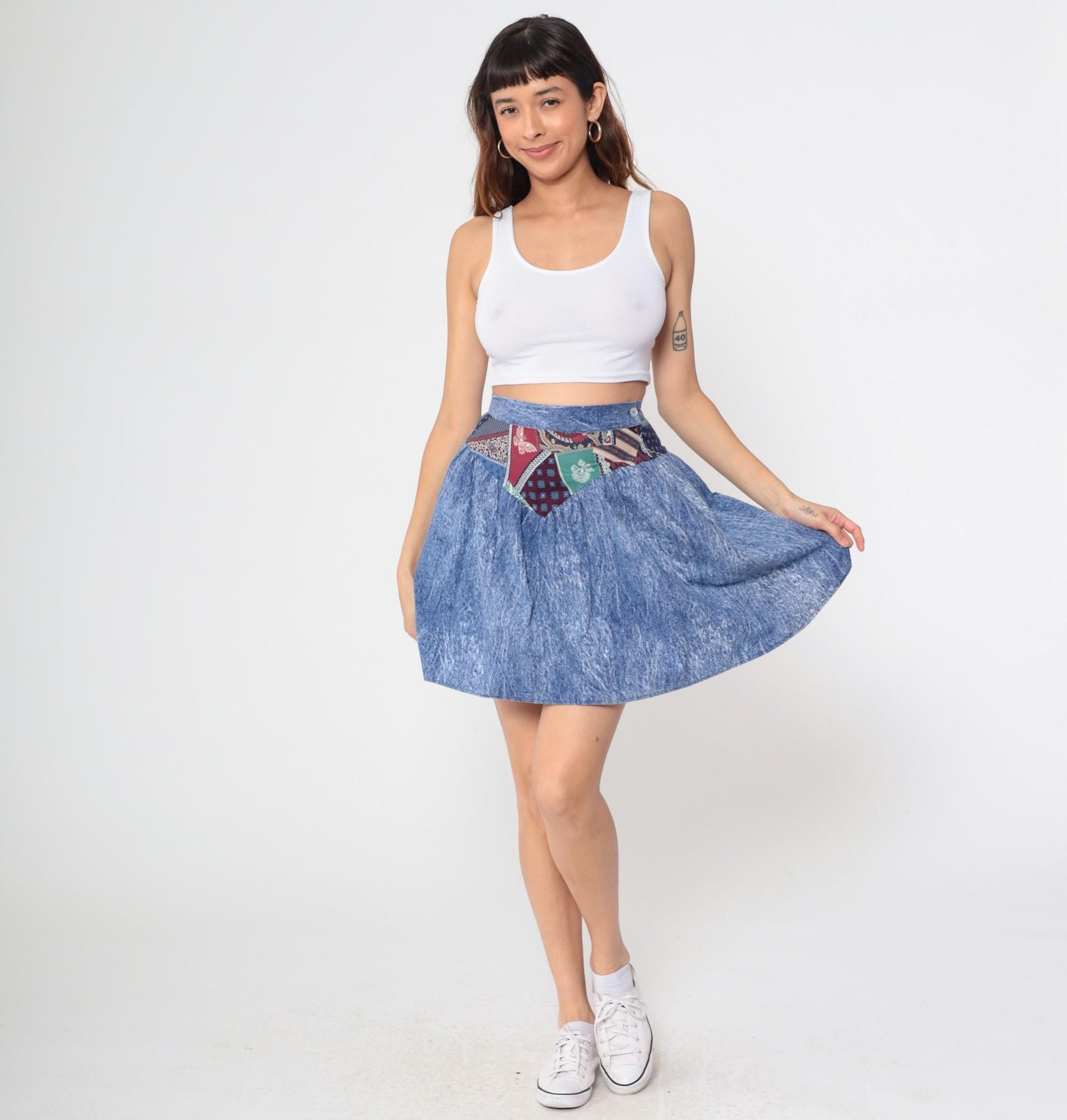 80s Acid Wash Denim Mini Skirt Patchwork High Waisted Circle Small S