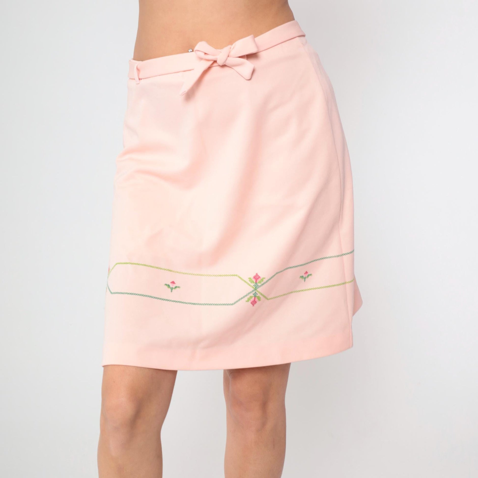 70s Pink Mini A-Line Skirt Cross Stitch Floral Bow Belt Medium