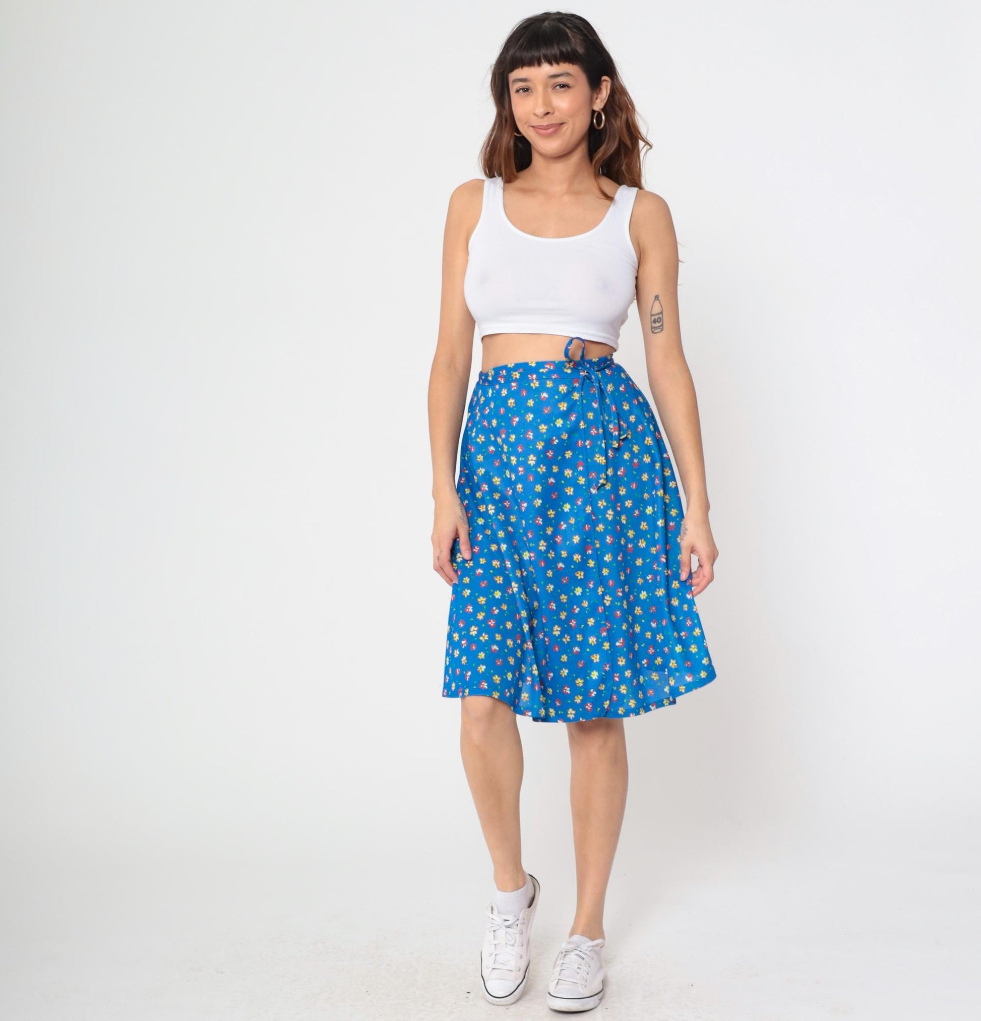 70s JC Penney Blue Floral Wrap Skirt Tie Waist Ditsy Print Small Medium