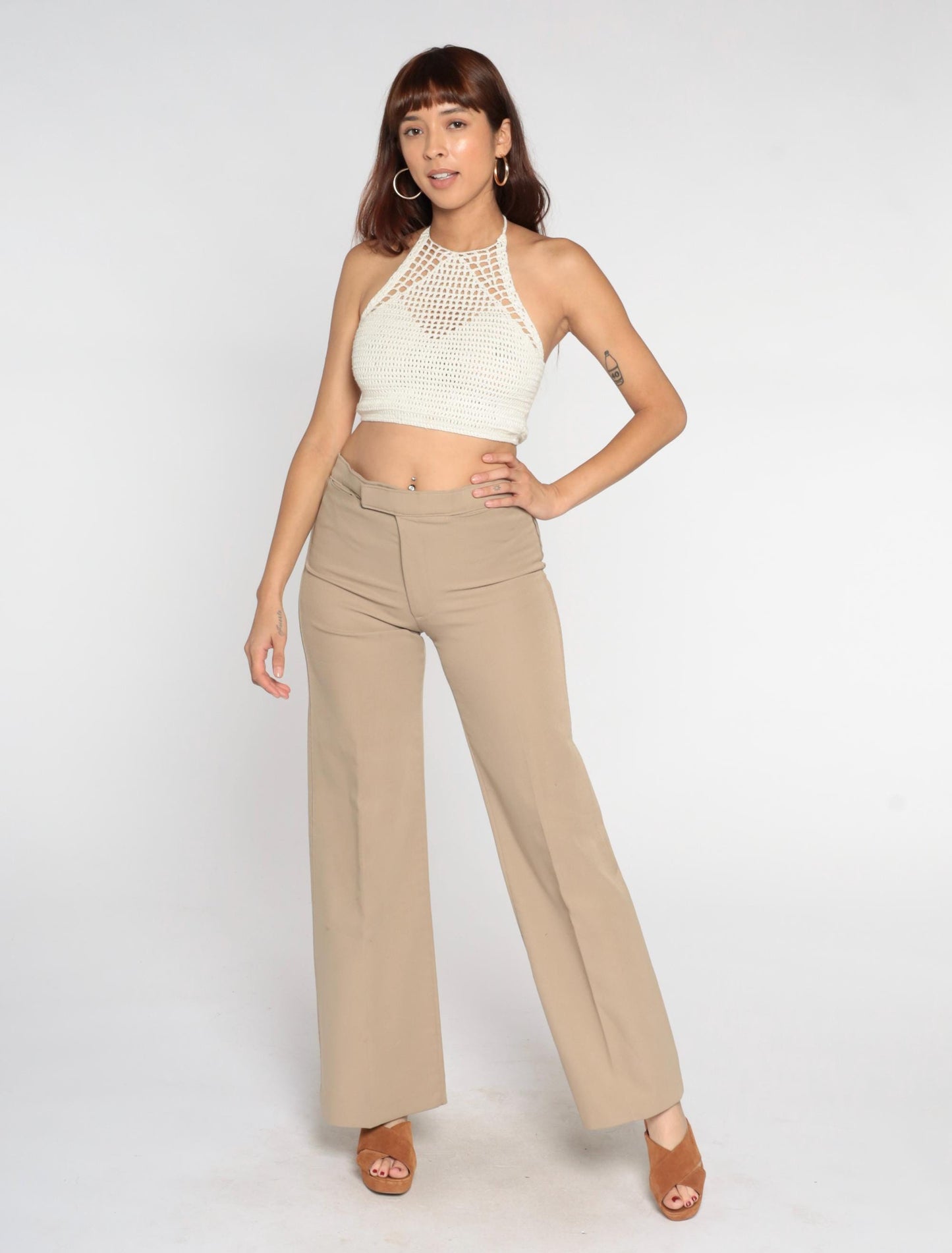 70s Tan Straight Leg Pants Low Rise Vintage Trousers Medium