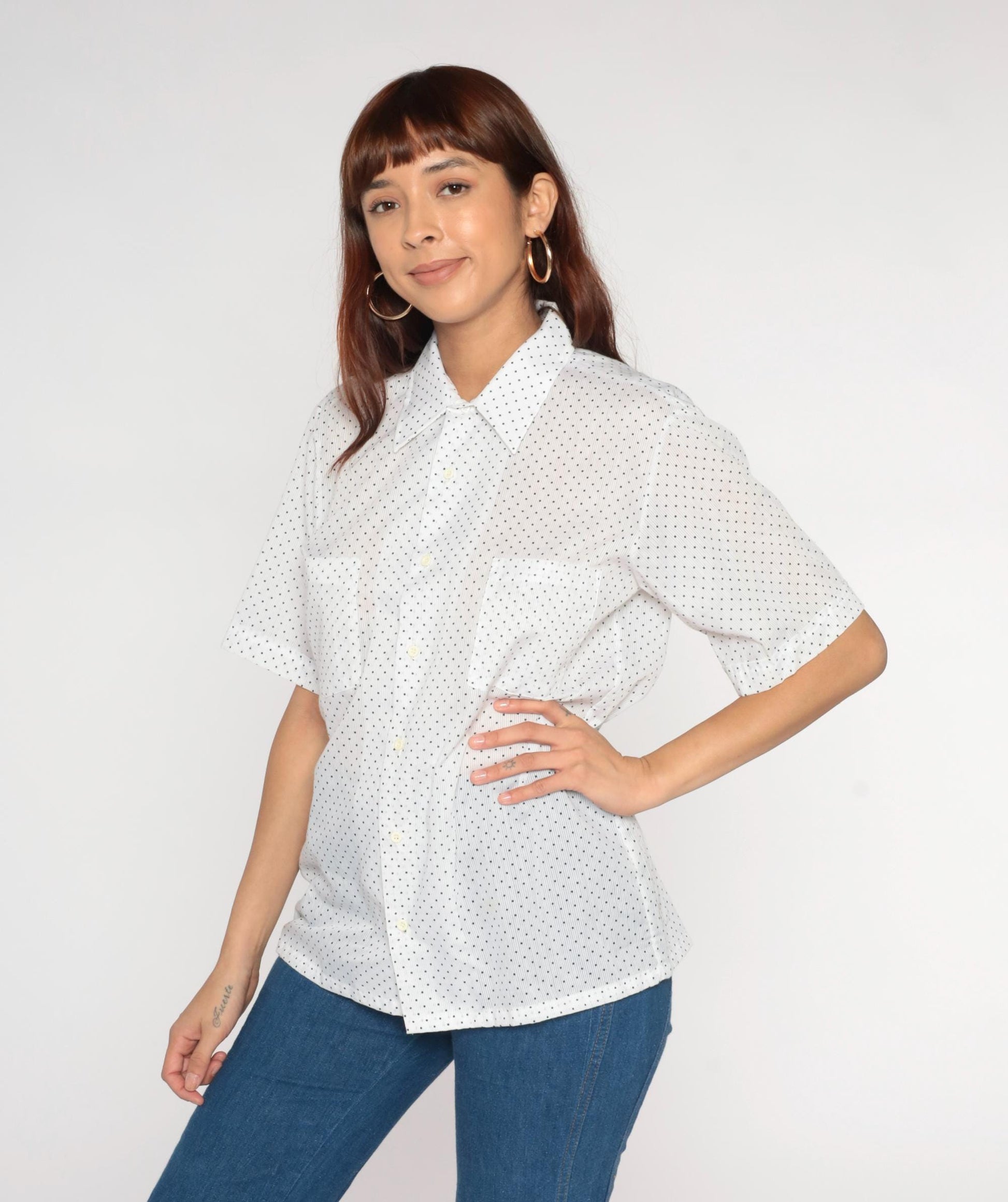 70s Polka Dot Button Up Shirt White Blue Short Sleeve Mens Medium