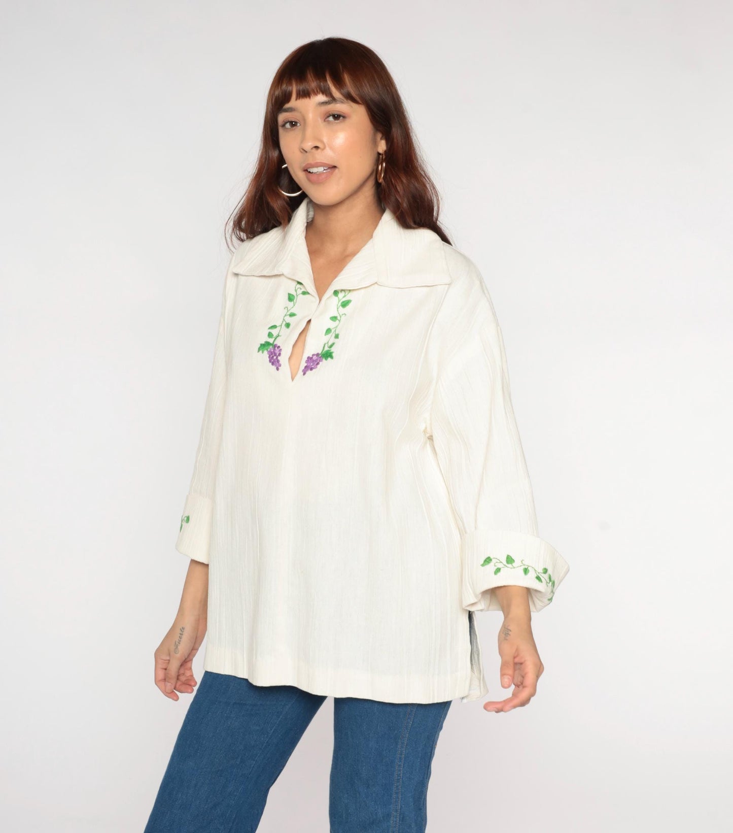 70s Cream Peasant Blouse Purple Grape Embroidery Bell Sleeves Large L