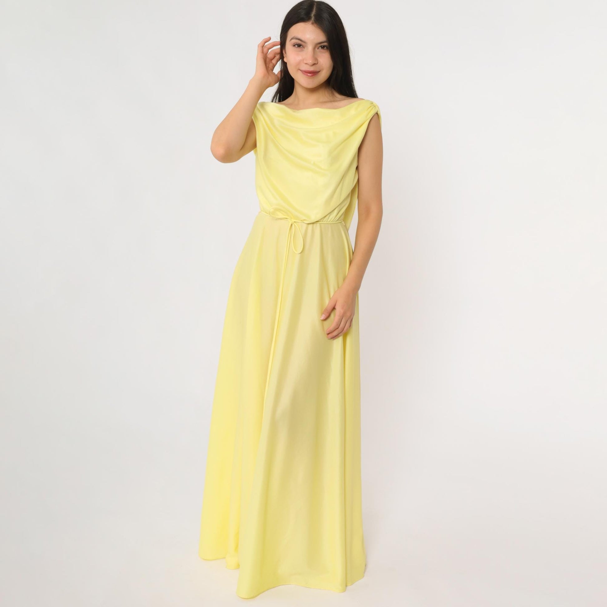 70s Yellow Maxi Dress Cowl Neck Sleeveless Waist Tie Small