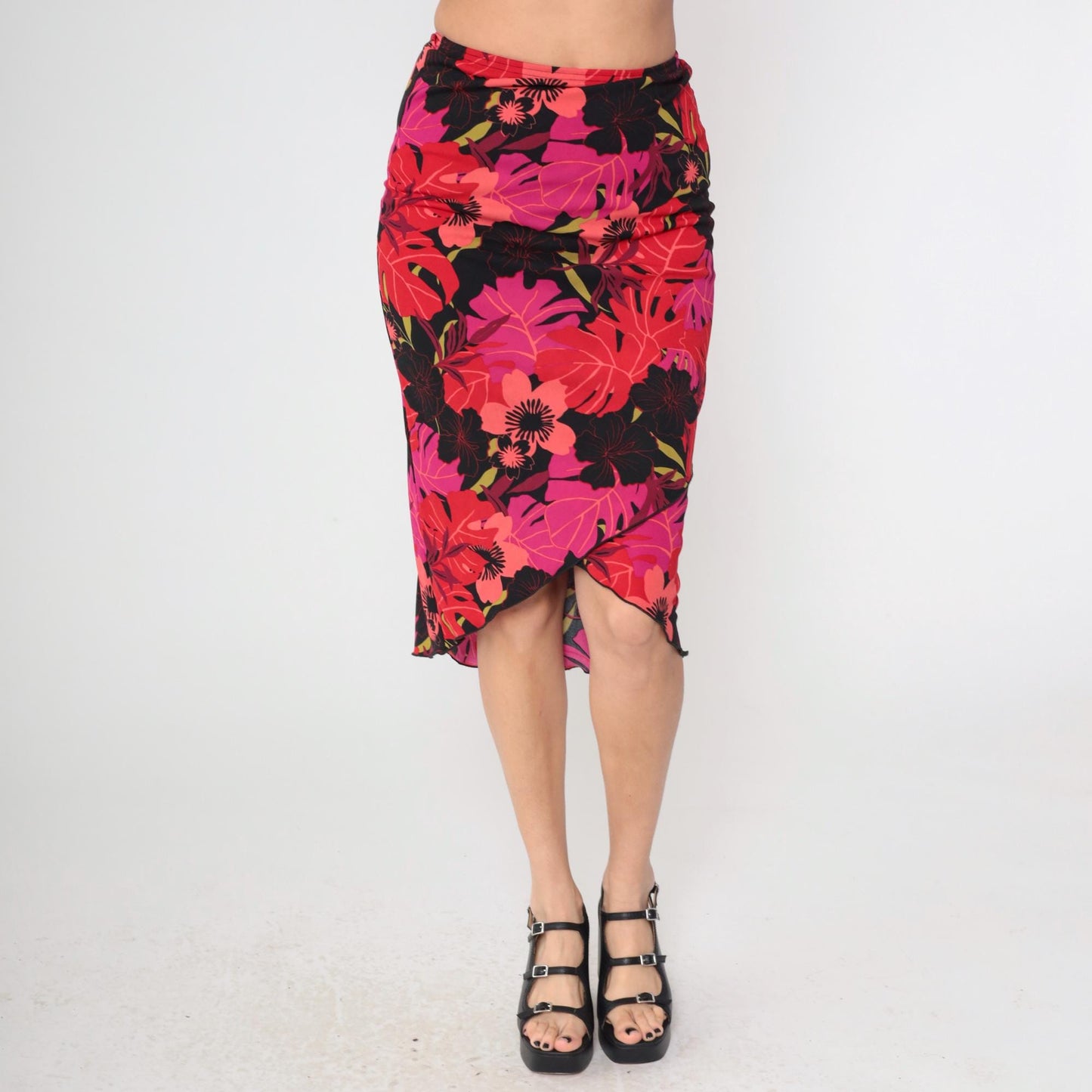 Y2K Heart and Soul Tropical Print Midi Pencil Skirt Pink Black Red Small