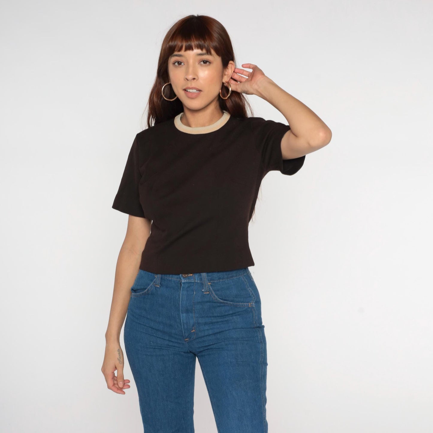 70s Cream Ringer Tee Brown Trim Cropped Fitted Short Sleeve Medium