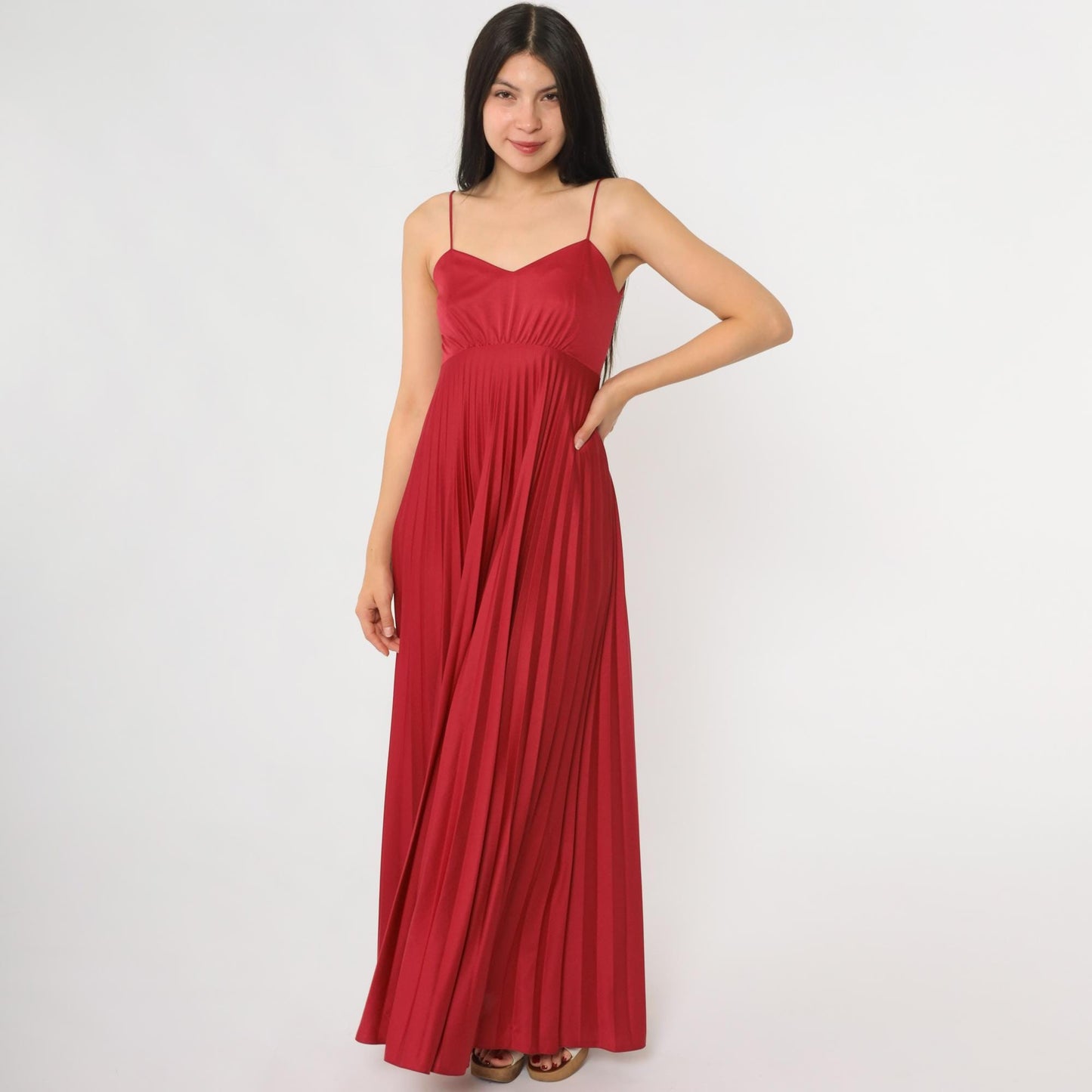 70s Red Pleated Maxi Dress Spaghetti Strap Empire Waist Extra Small