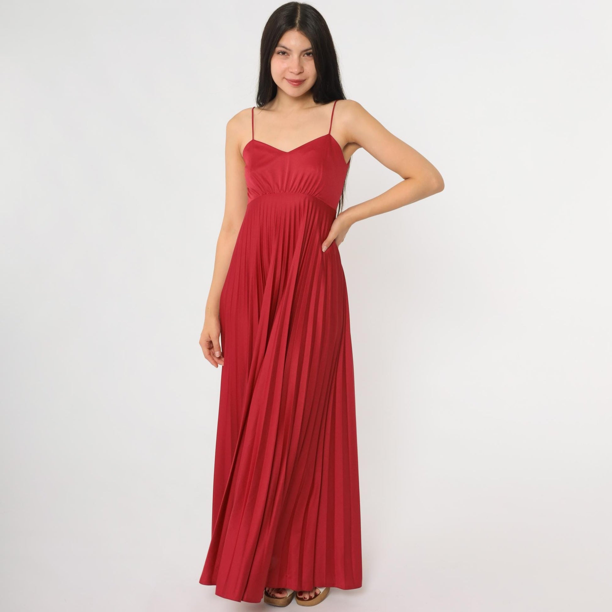 70s Red Pleated Maxi Dress Spaghetti Strap Empire Waist Extra Small