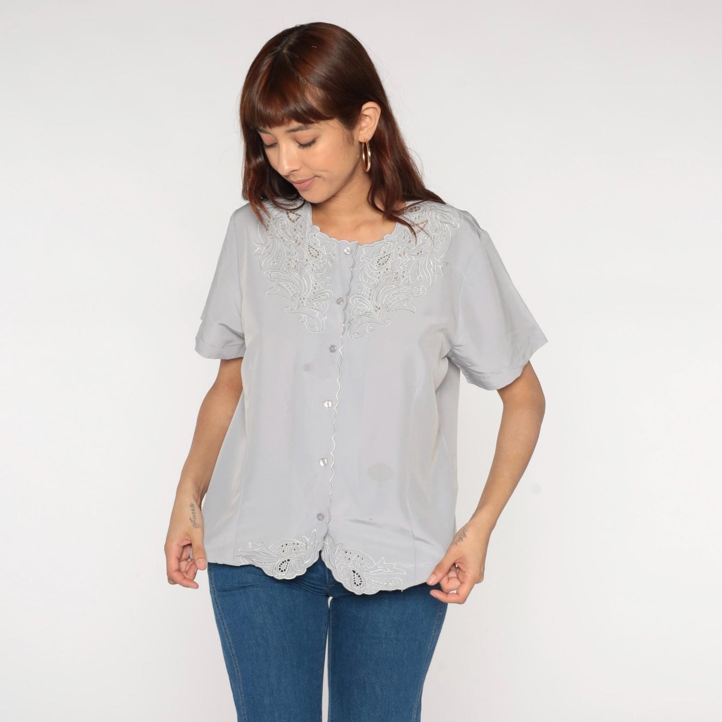 Y2K Anthony Richards Grey Embroidered Blouse Cutwork Paisley Scalloped Hem Medium