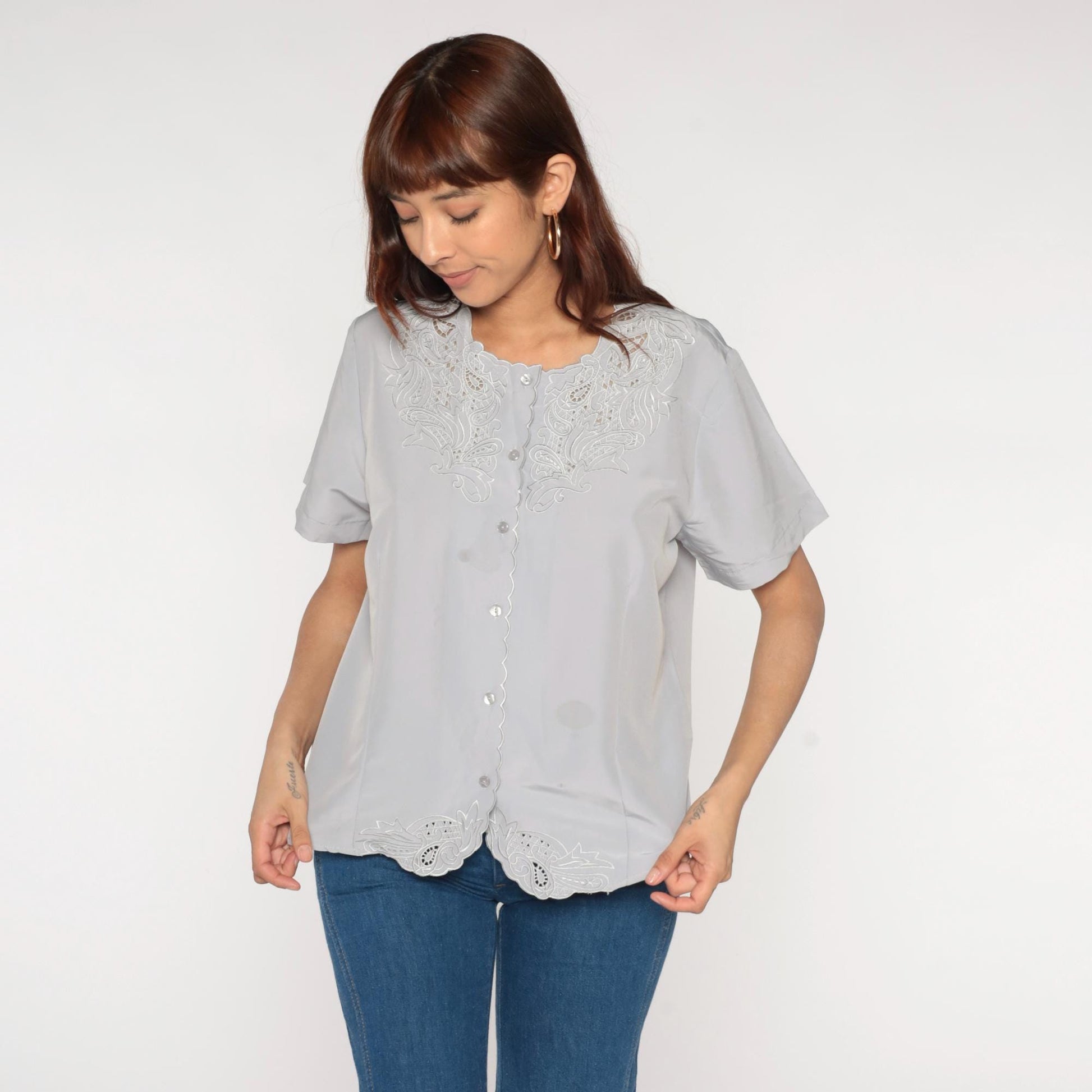 Y2K Anthony Richards Grey Embroidered Blouse Cutwork Paisley Scalloped Hem Medium