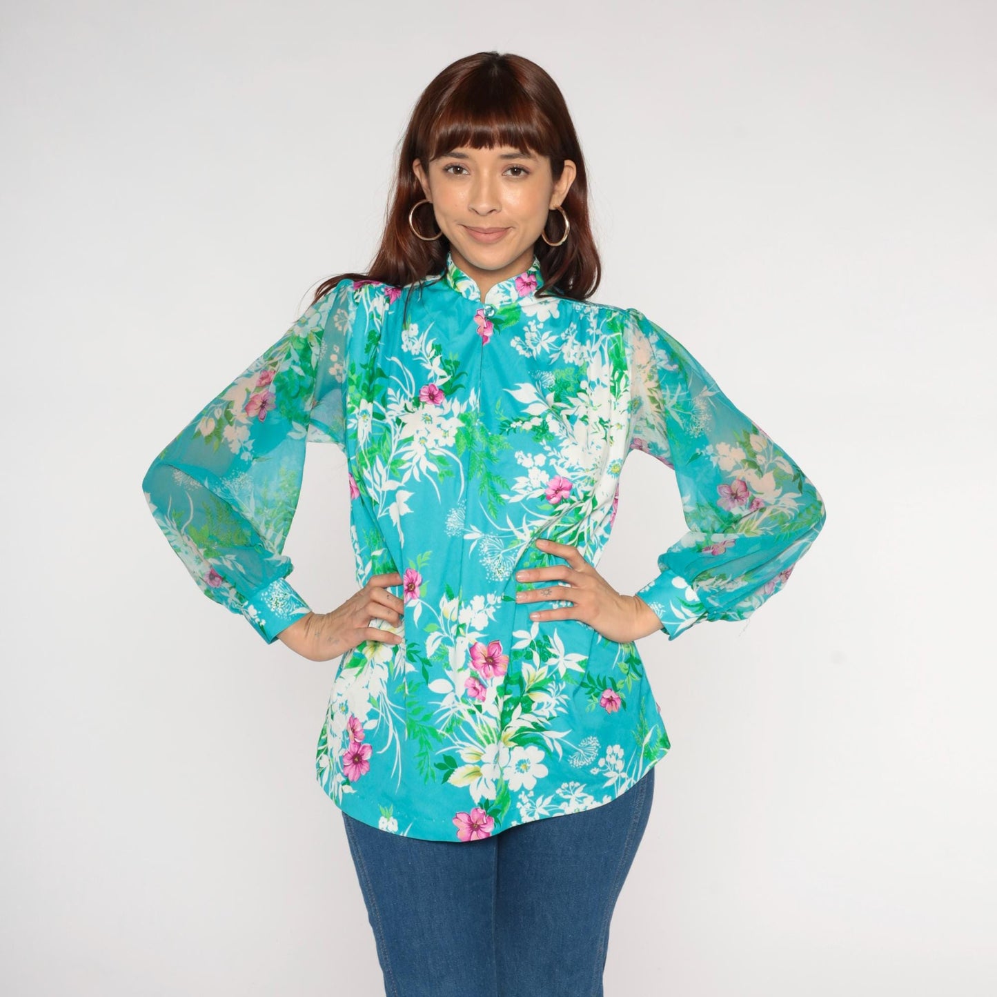 70s Hawaiian Turquoise Floral Blouse Long Sleeve Button Front Medium M