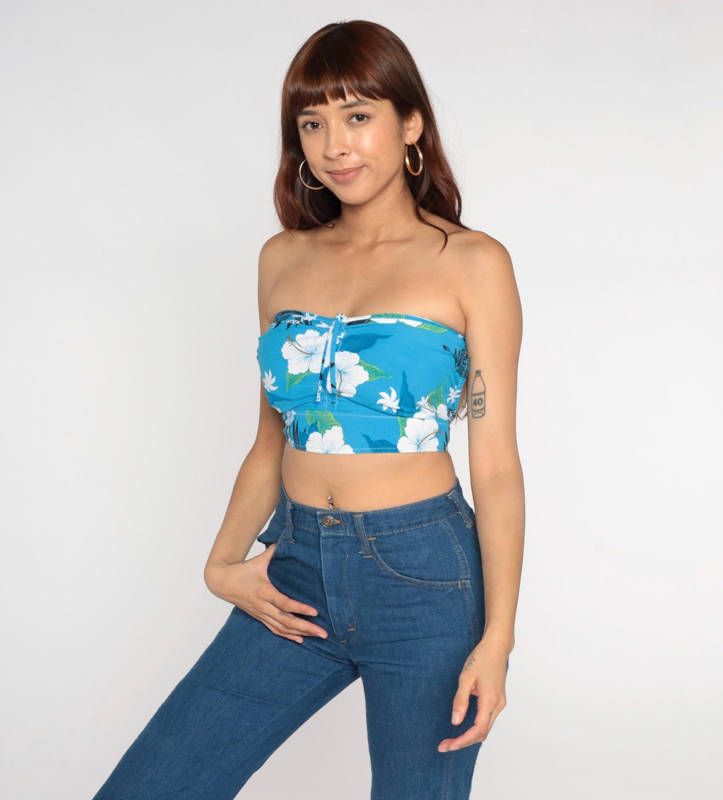 Y2K Blue Hawaiian Hibiscus Cotton Bandeau Crop Top Strapless Tie Back Small