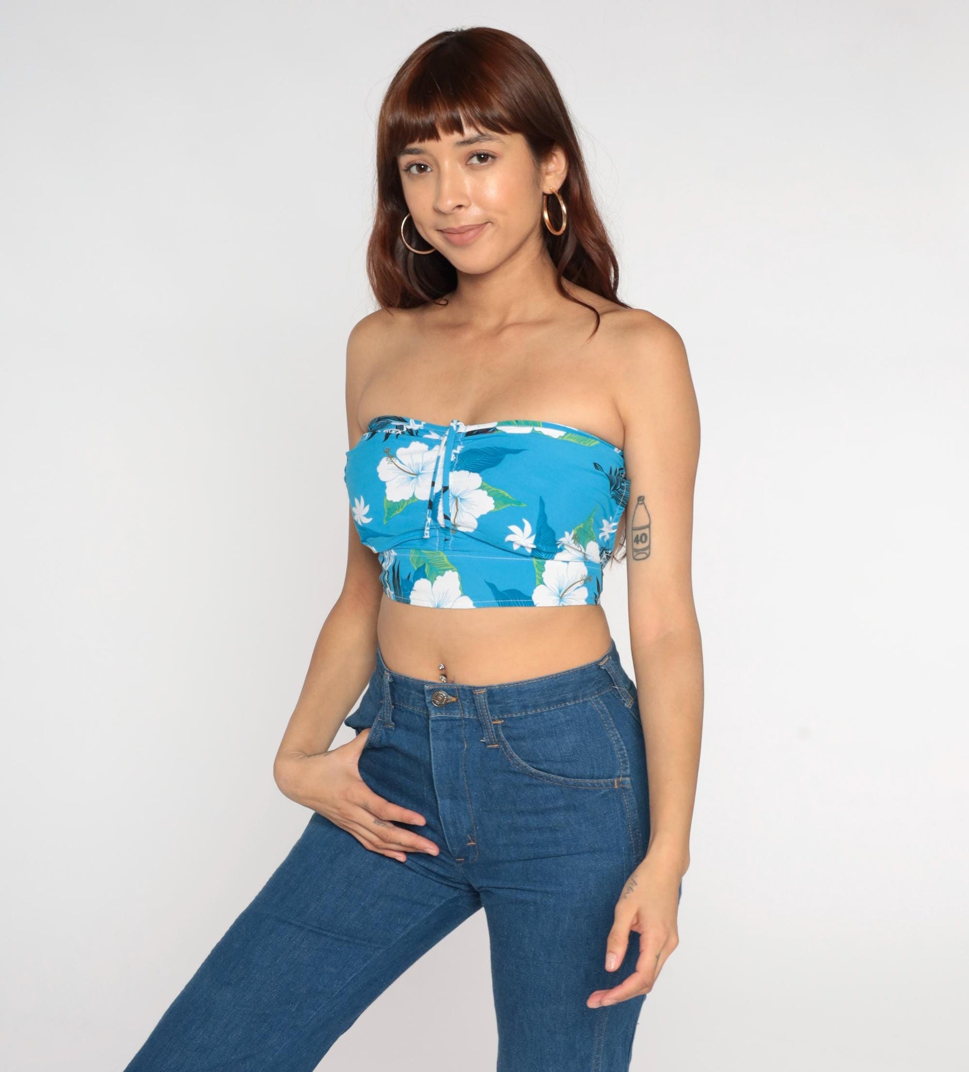 Y2K Blue Hawaiian Hibiscus Cotton Bandeau Crop Top Strapless Tie Back Small