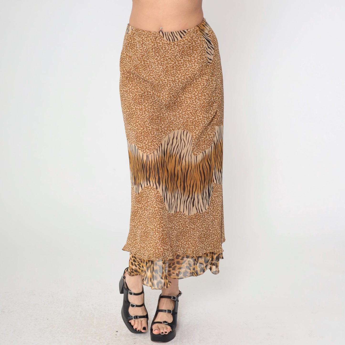 Y2K Mixed Animal Print Midi Skirt Leopard Zebra Cheetah Tiered Ruffle Medium
