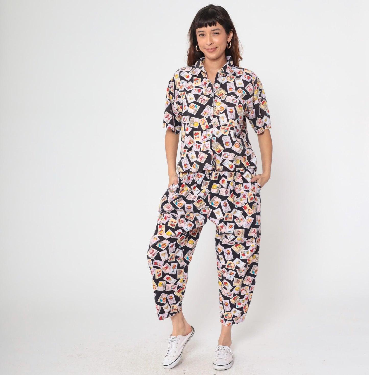 90s Hot Air Balloon Stamp Print Matching Set Shirt Pants Large L