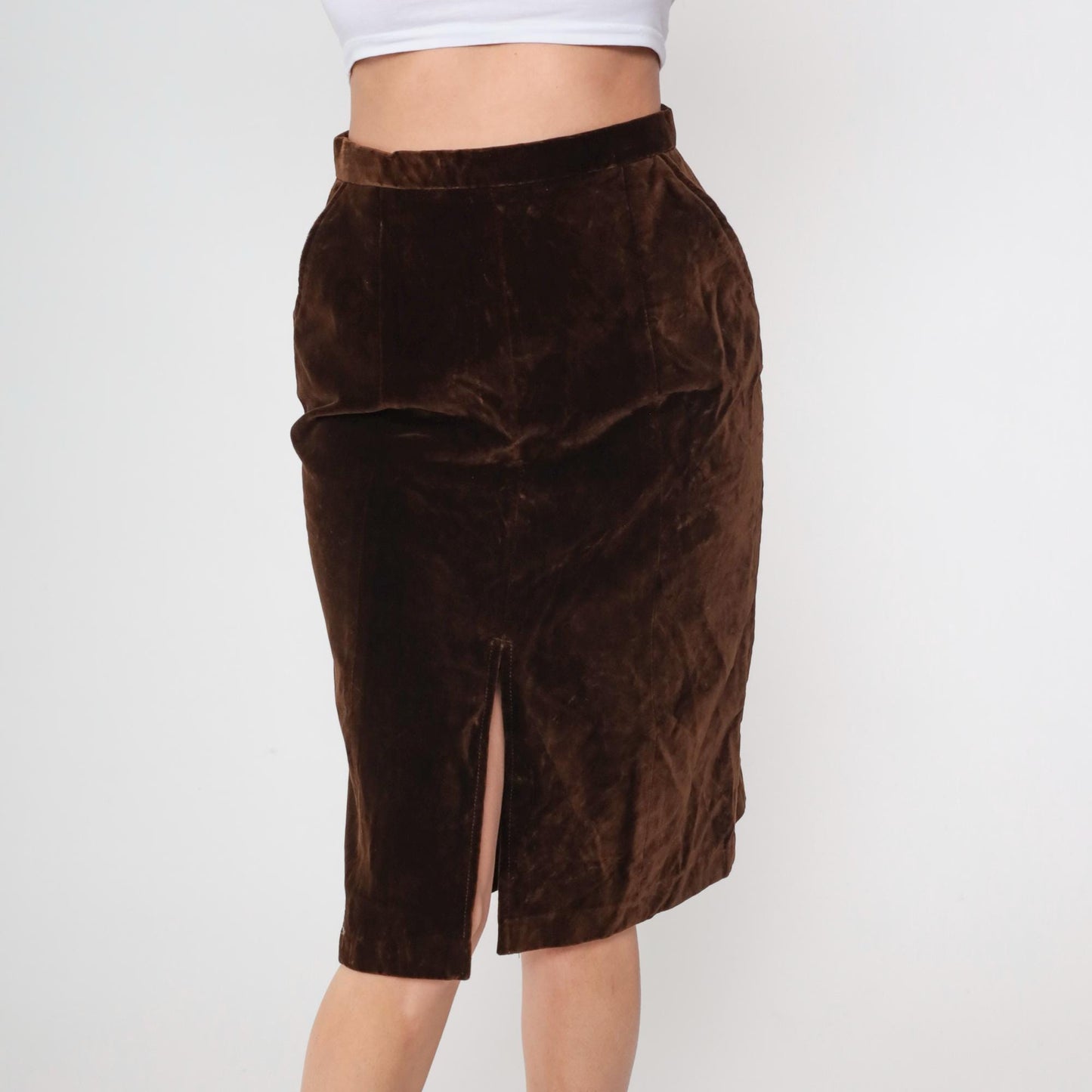 70s Brown Velvet Mini Skirt High Waist A-Line Small
