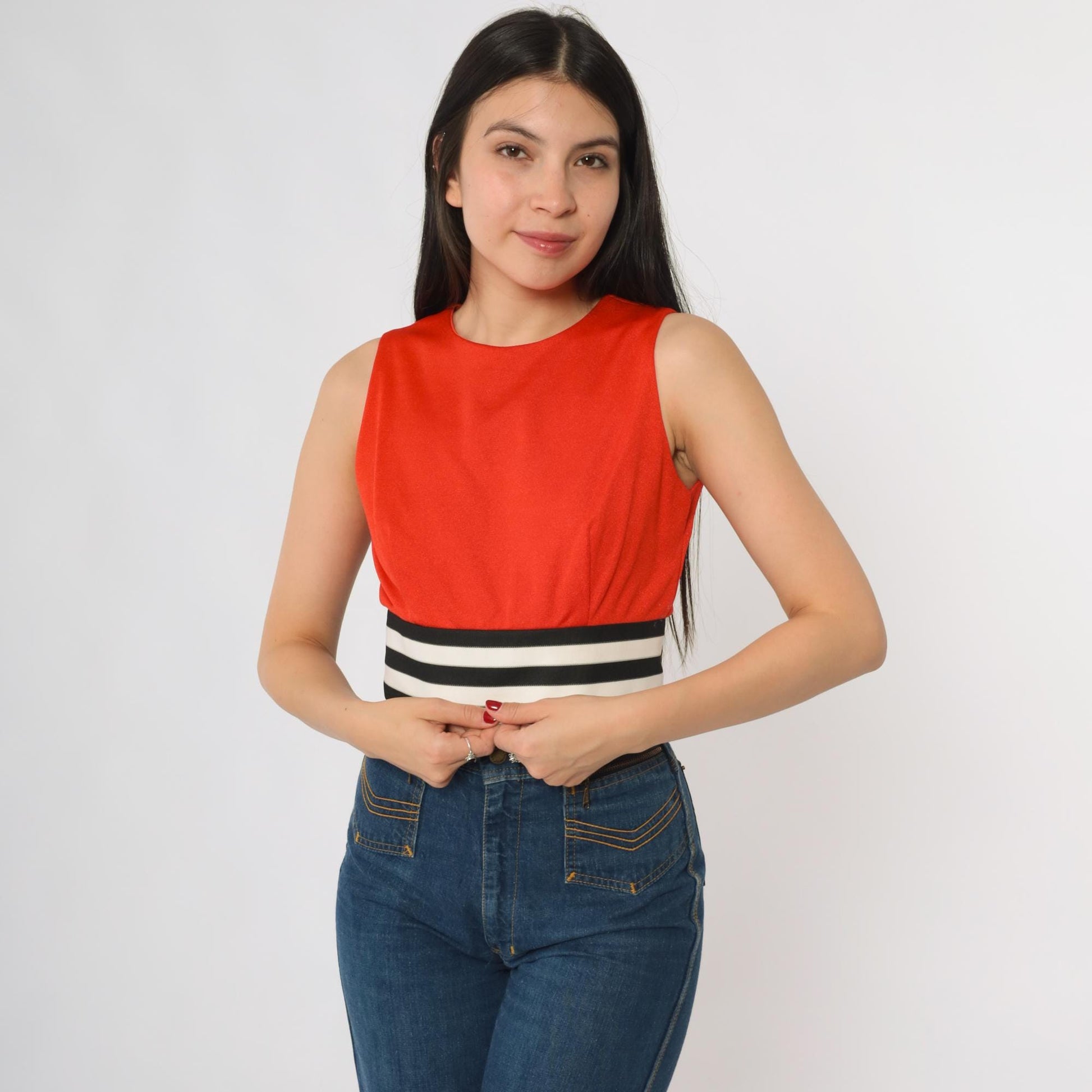 70s Red Orange Tank Top Striped Waistband Cropped Sleeveless Extra Small 2XS