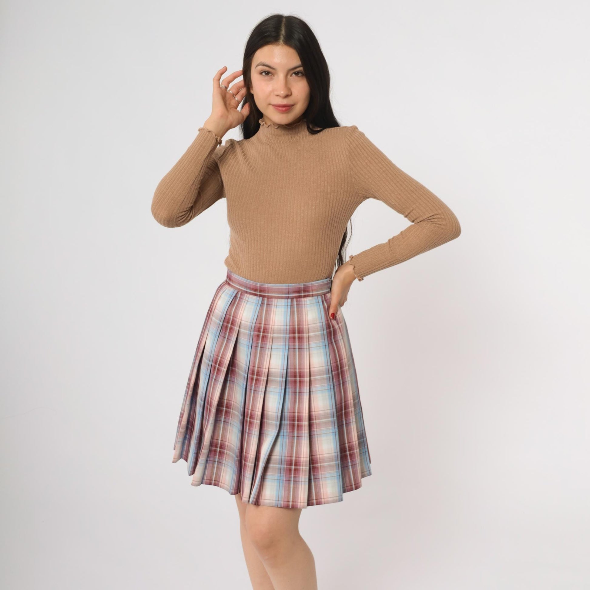 Y2K Plaid Pleated Mini Skirt High Waisted Red Blue Tartan Small S