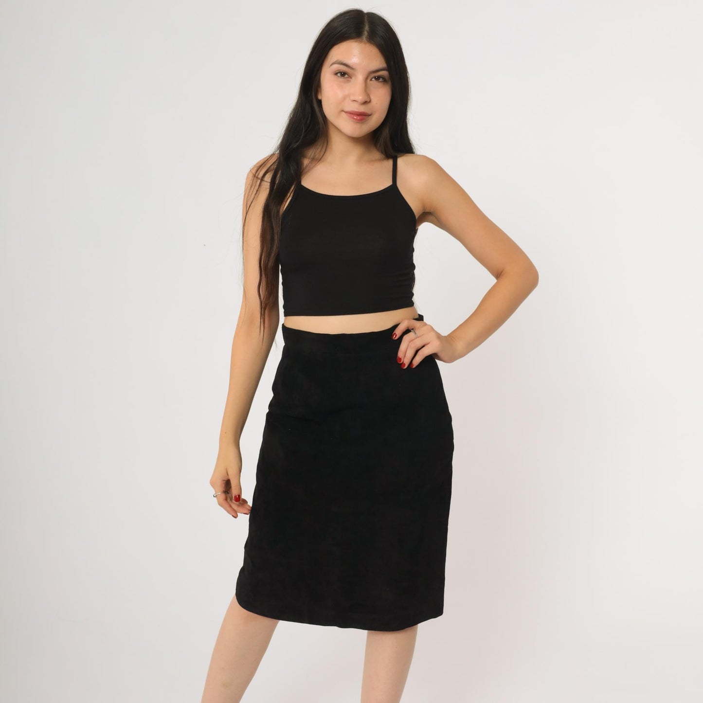 90s Evan Davies Black Suede Midi Skirt High Waisted Side Zip Medium