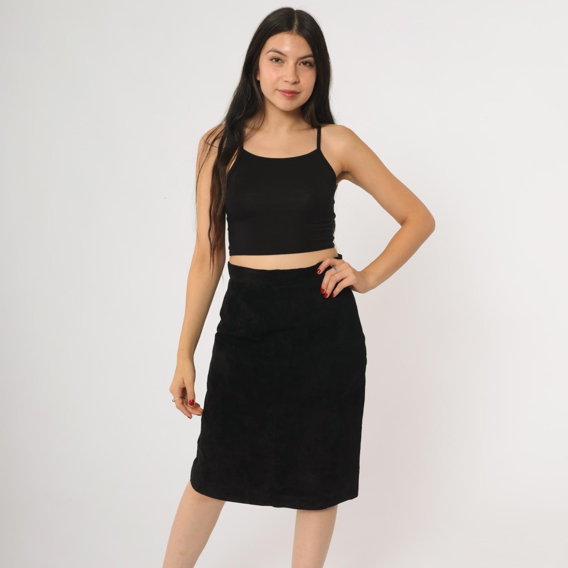 90s Evan Davies Black Suede Midi Skirt High Waisted Side Zip Medium