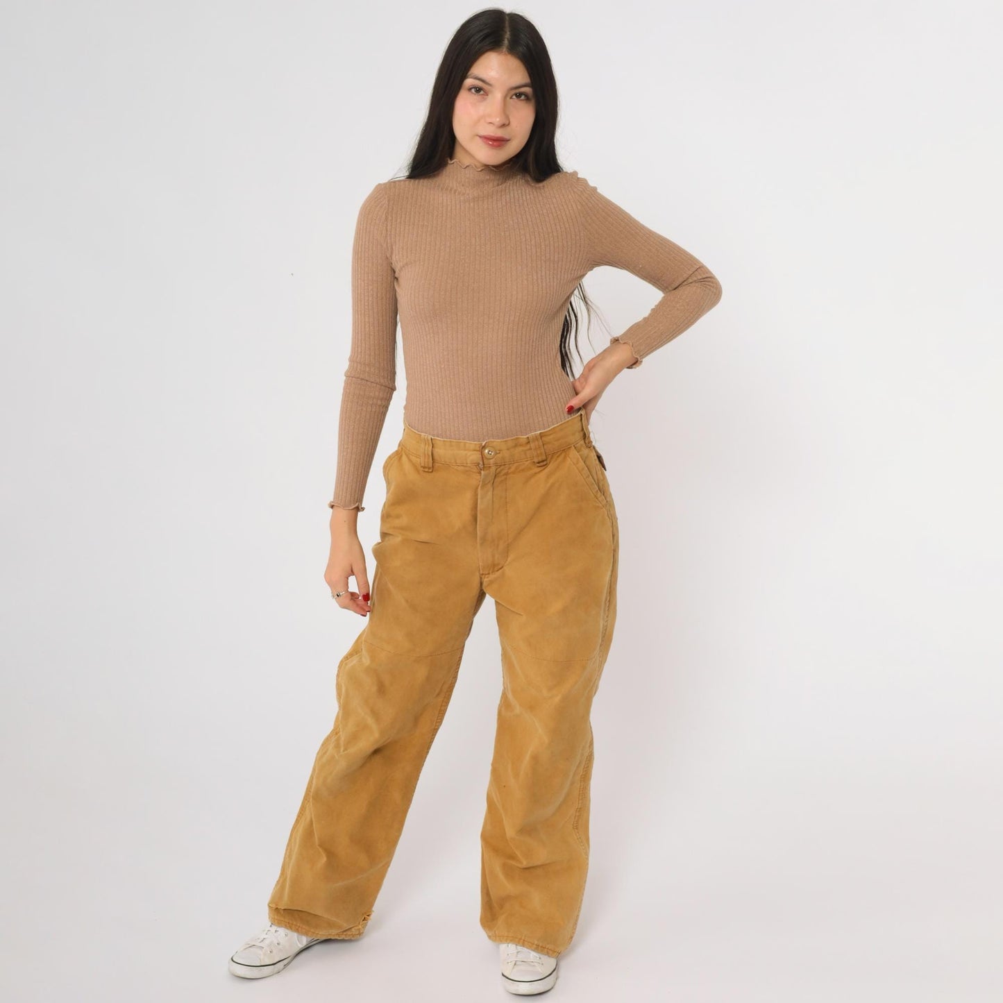 70s Mustard Yellow Cargo Pants High Waisted Wide Leg Canvas Utility Medium