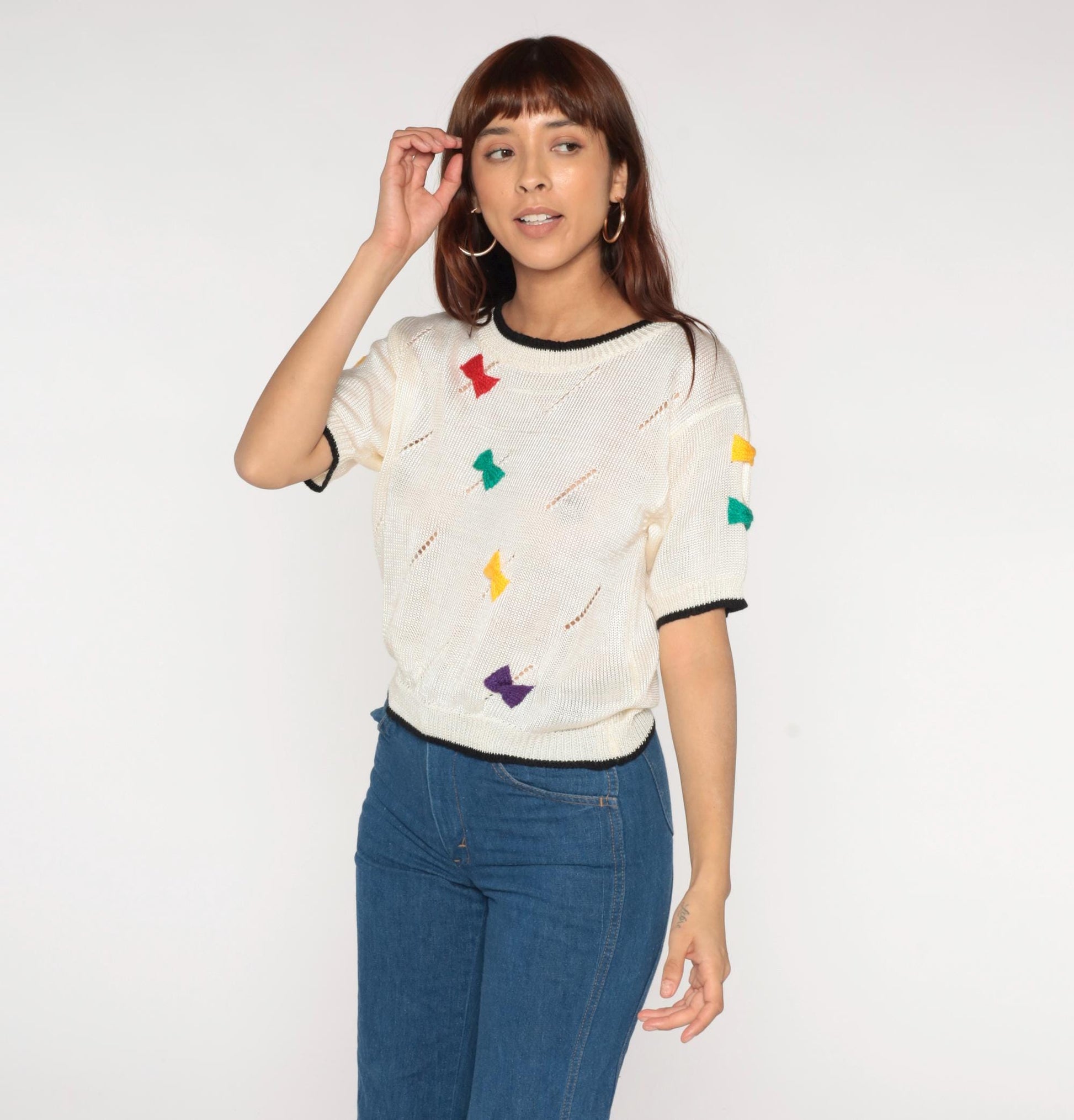 80s Bow Print Sweater Cream Rainbow Short Sleeve Knit Medium M