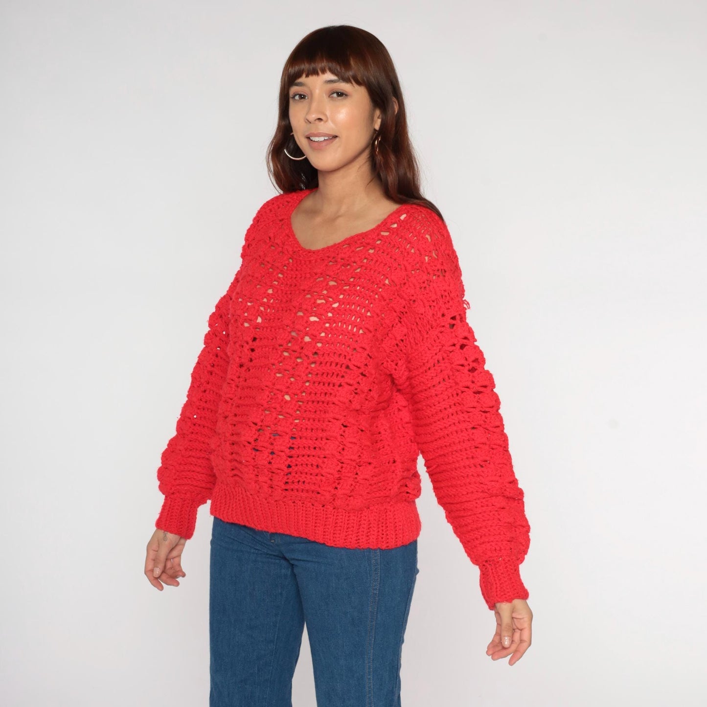 80s Red Crochet Open Weave Sweater Scoop Neck Long Sleeve Large L