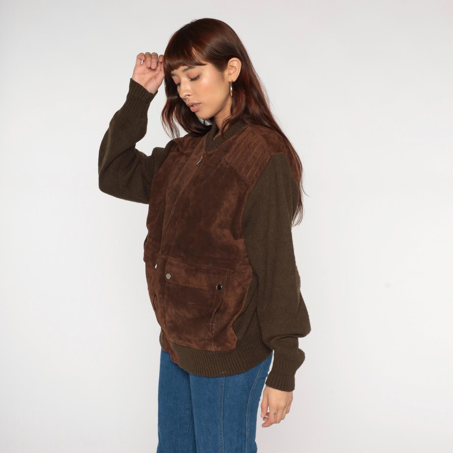 80s Brown Suede Bomber Jacket Knit Sleeves Zip Front Unisex Extra Large XL
