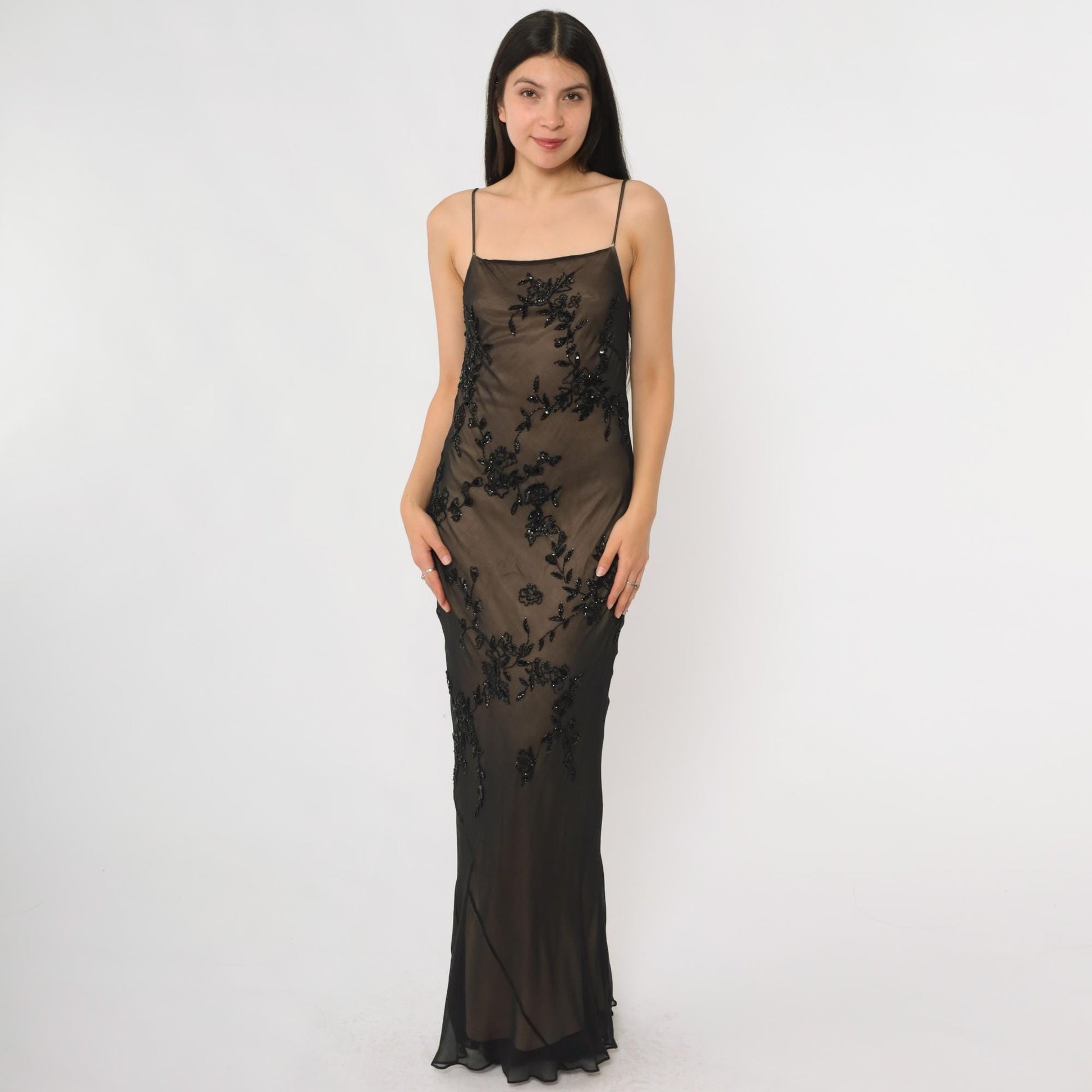 Y2K Marina Bresler Black Silk Beaded Maxi Slip Dress Small S