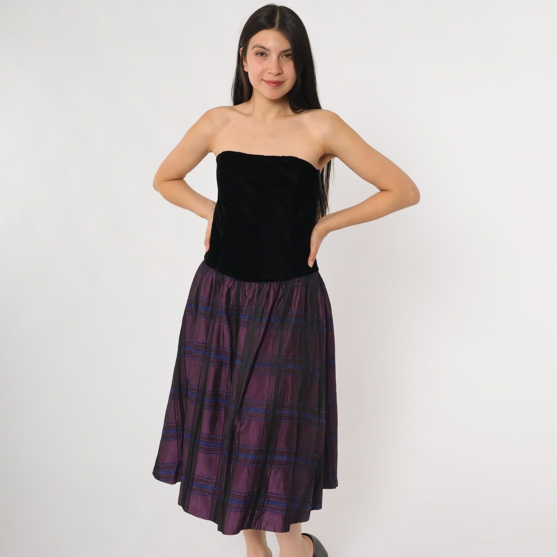 90s Scott McClintock Strapless Velvet Bodice Party Dress Purple Plaid Small