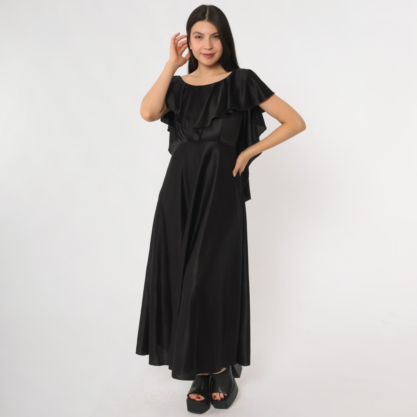 70s Black Satin Maxi Dress Flutter Sleeve Ruffle Overlay Small