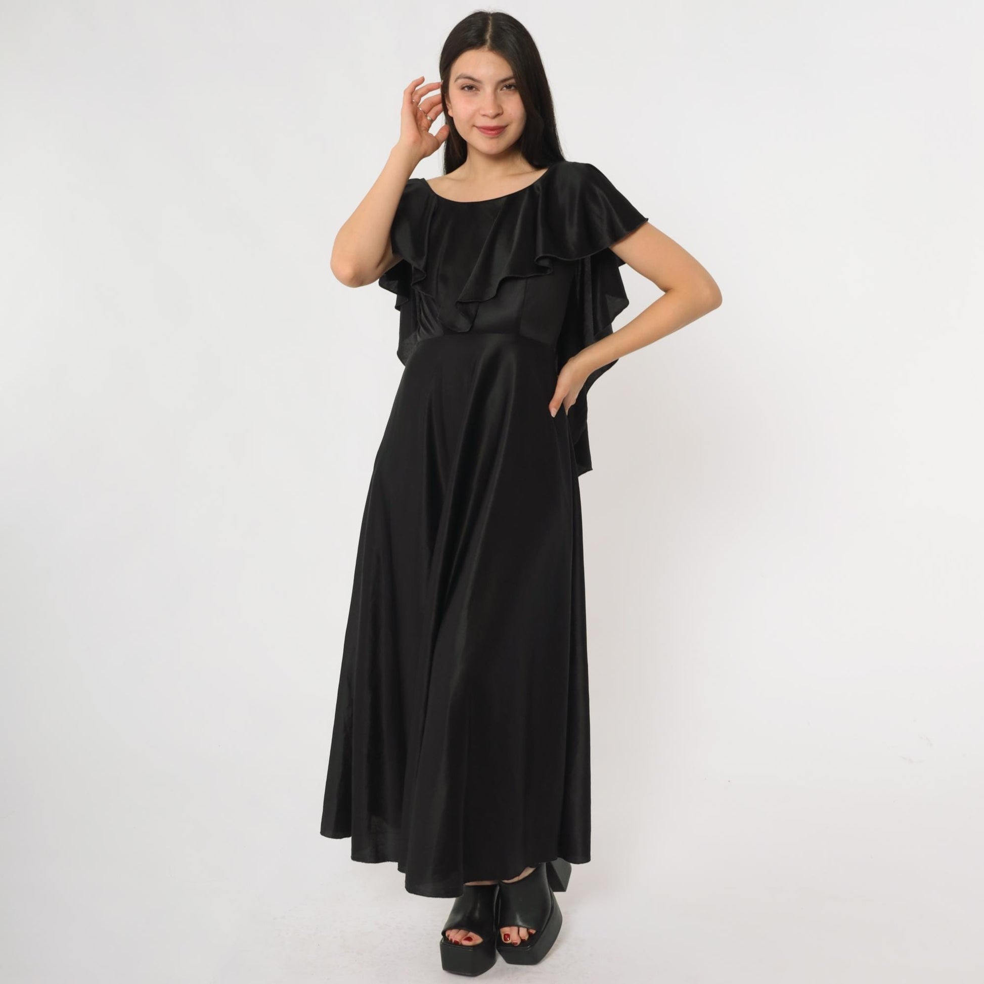 70s Black Satin Maxi Dress Flutter Sleeve Ruffle Overlay Small