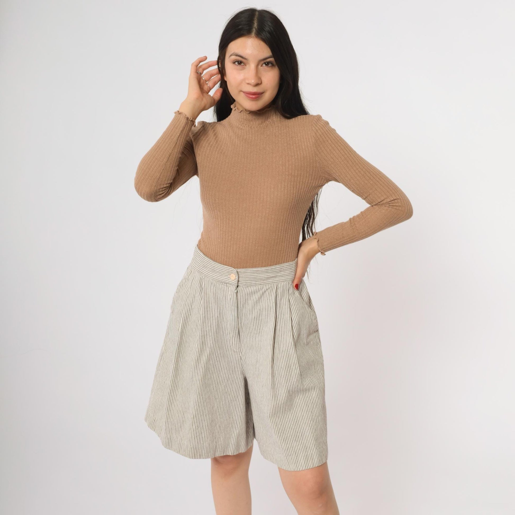 90s High Waisted Pleated Shorts Pinstripe Cotton Preppy Beige Medium M