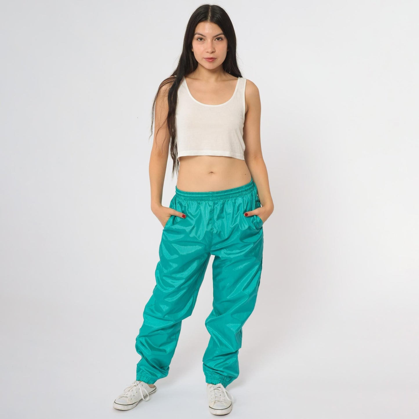 80s Teal Green Windbreaker Track Pants Elastic Waist Cuffed Small