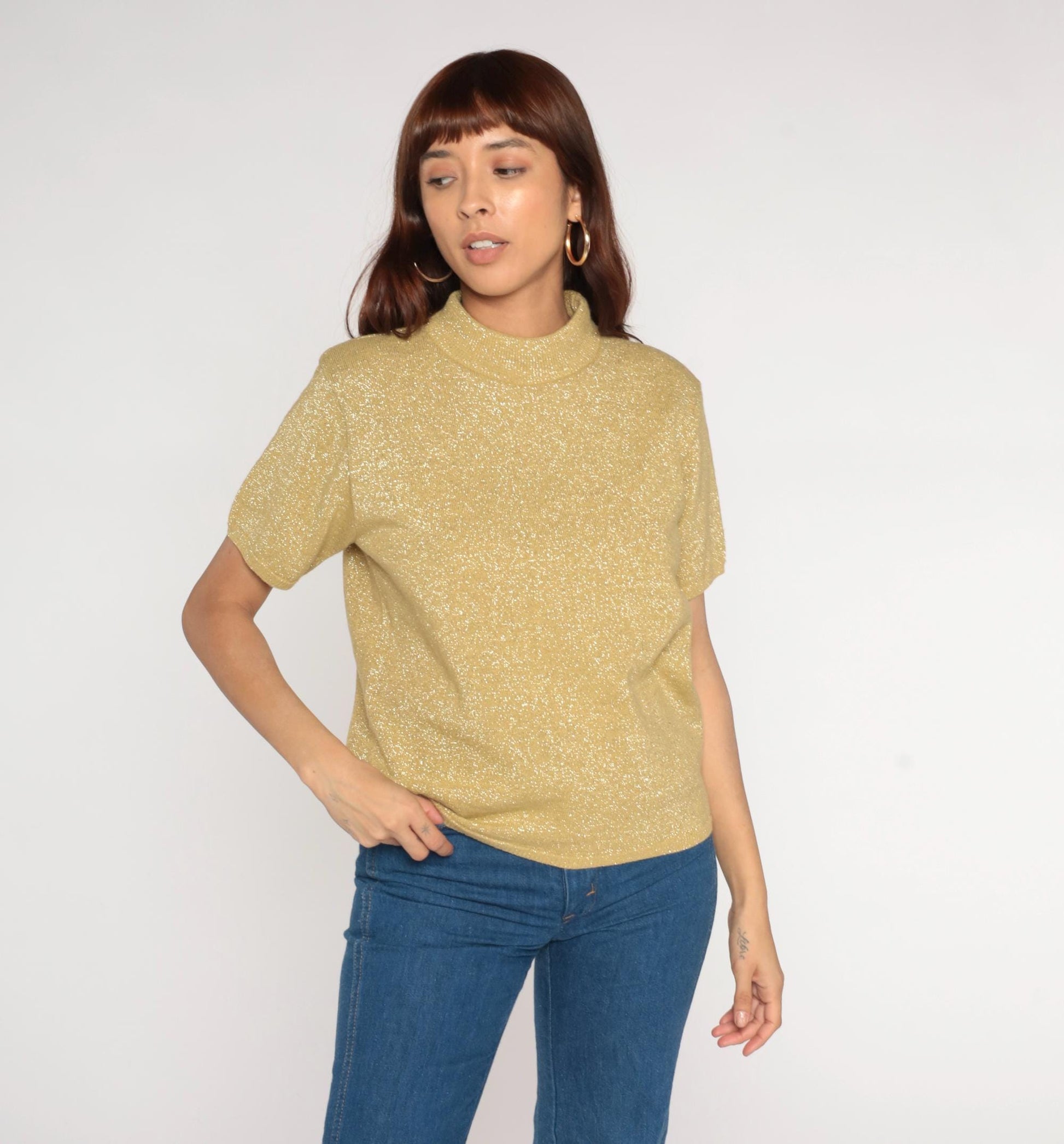 90s Gold Sparkly Knit Short Sleeve Blouse Medium