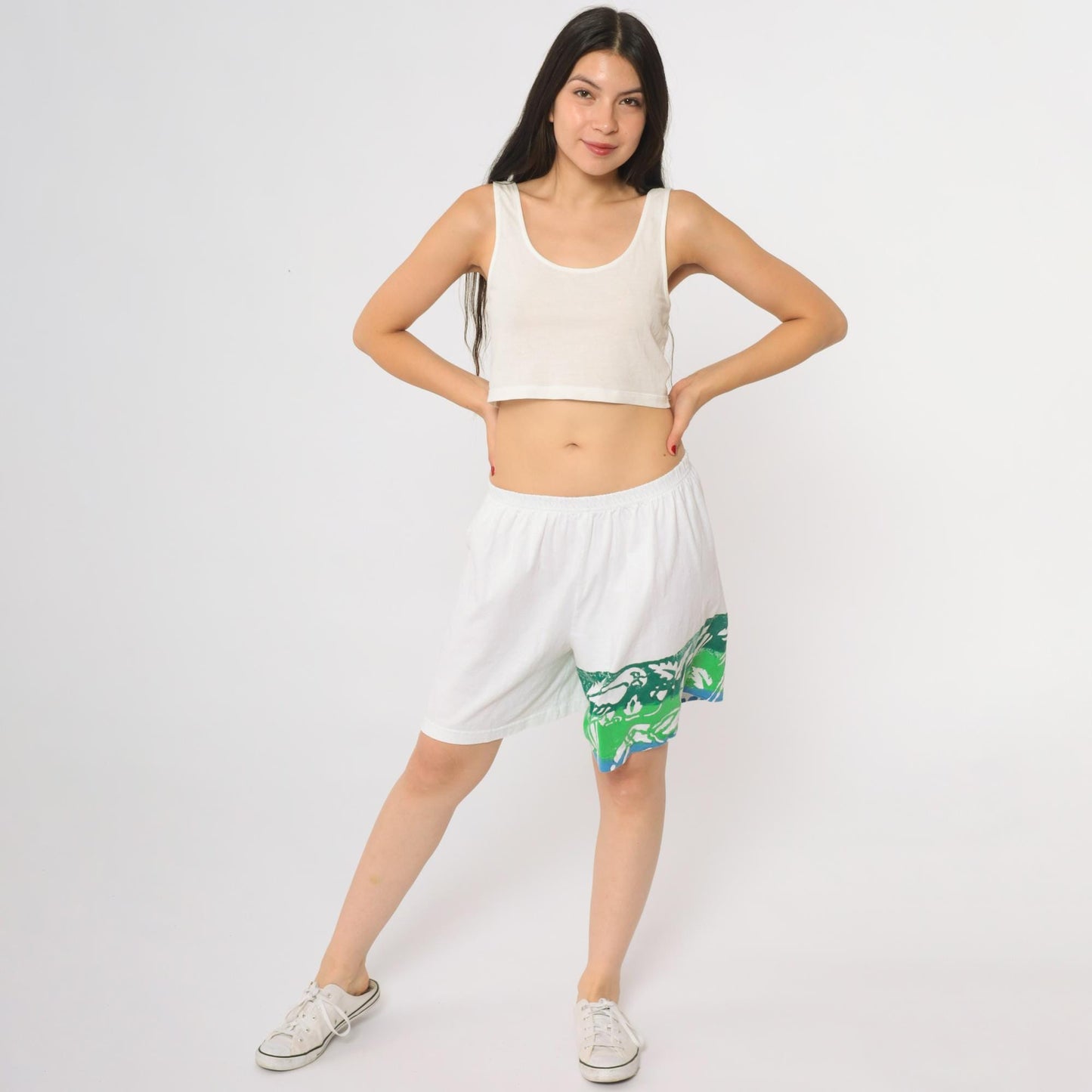 80s White Athletic Shorts Green Leaf Print Running Gym Medium