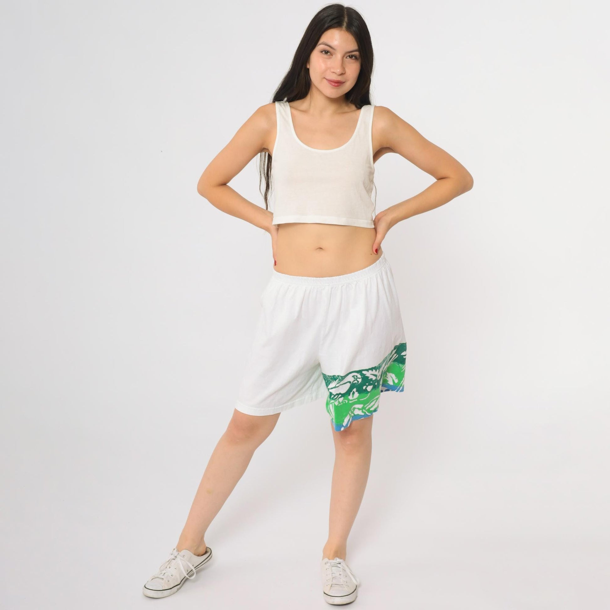 80s White Athletic Shorts Green Leaf Print Running Gym Medium