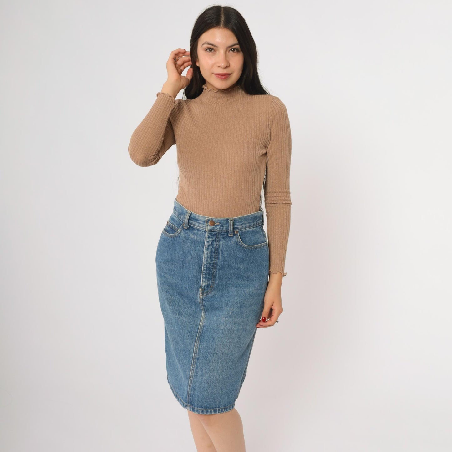 90s Calvin Klein Denim Mini Skirt High Waist Button Front Medium Blue Size 10
